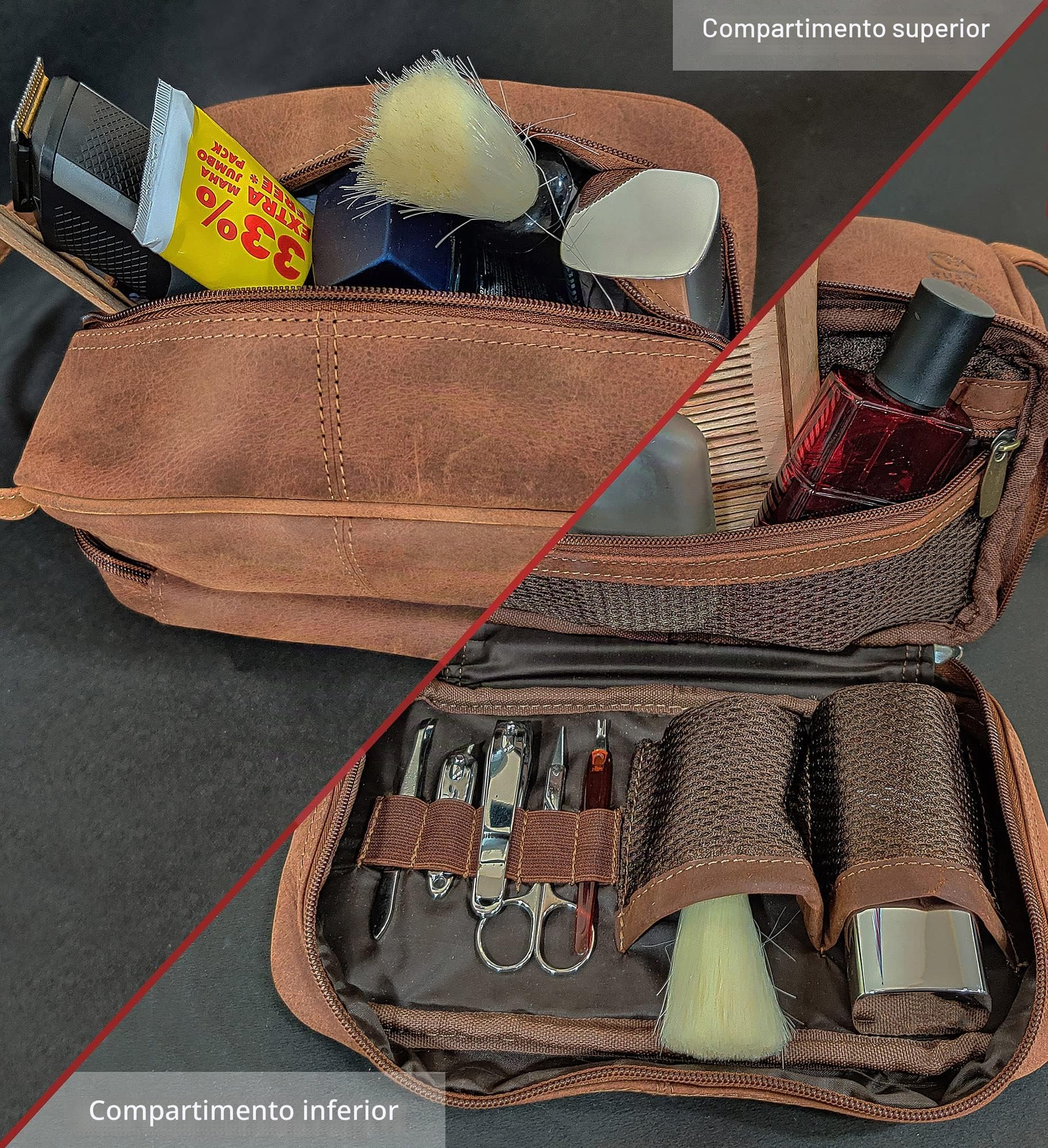 Neceser de Viaje de Piel auténtica, Organizador de higiene, Kit de Dopp Rustic Town