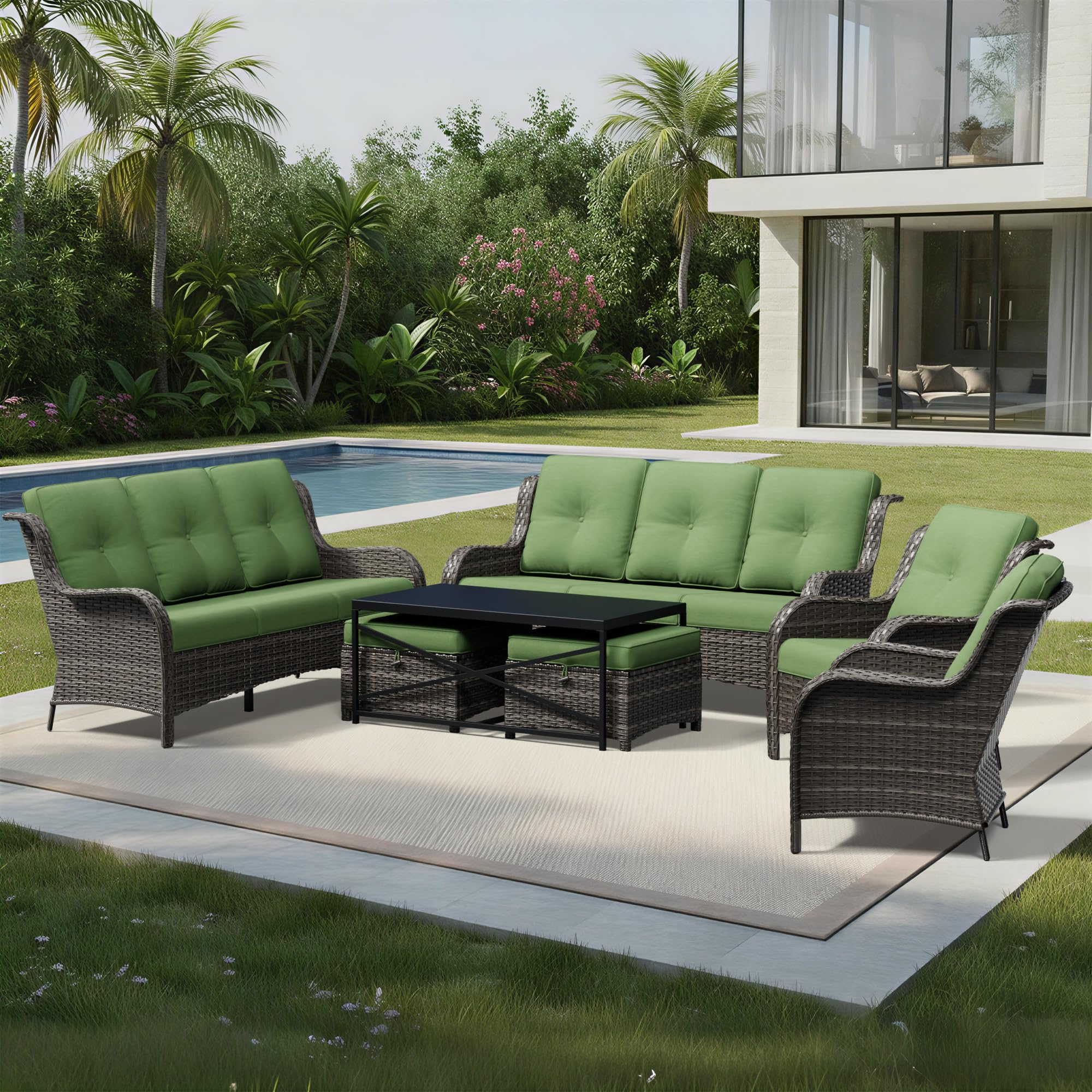 Joyside 7 Piece Wicker Patio Furniture Set, Rattan Patio Chairs with High Back, Deep Seating, Wide Armrest, Thickened Cushions, Outdoor Furniture for Deck, Porch Use