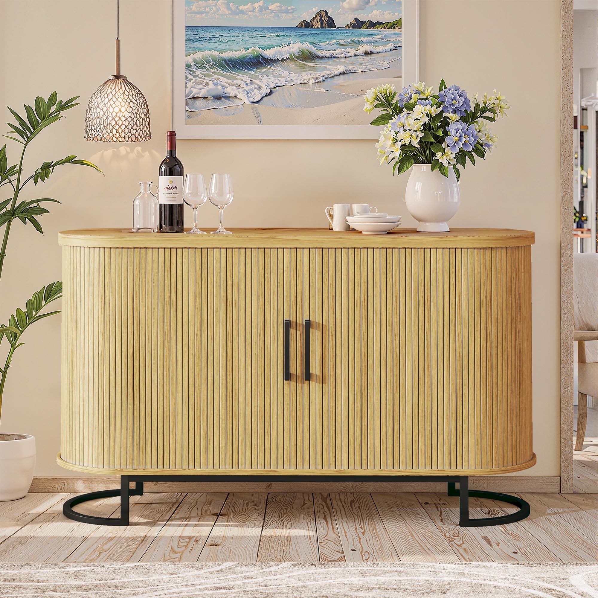 HUAHUU Sideboard Buffet Cabinet with Storage, 47.2" Fluted Storage Cabinet with Sliding Door & Adjustable Shelf, Modern Accent Coffee Bar Console Cabinet for Living Room Kitchen, Natural Oak