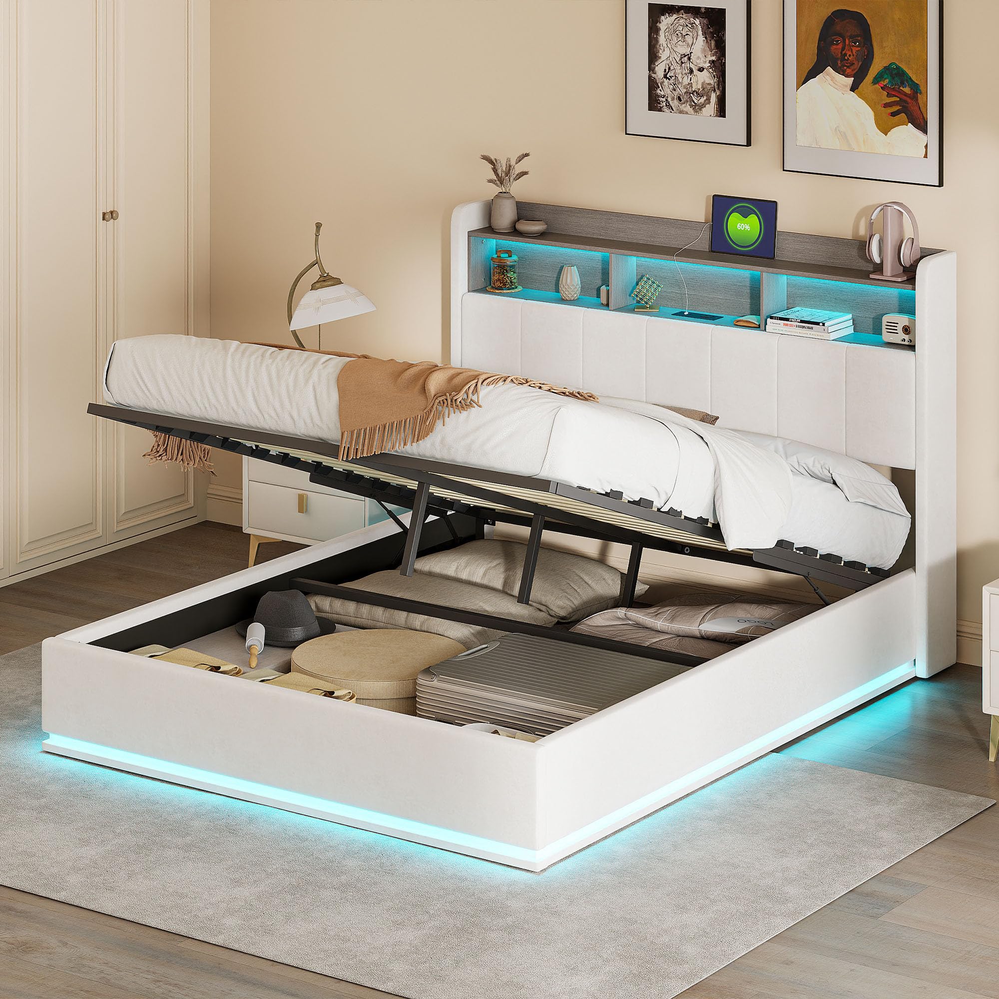 Letto matrimoniale 140 x 190 con illuminazione a LED e ricarica USB, letto idraulico con testiera con vano portaoggetti, letti imbottiti 140 x 190 cm con rete a doghe, velluto(bianco), 140 x 190)
