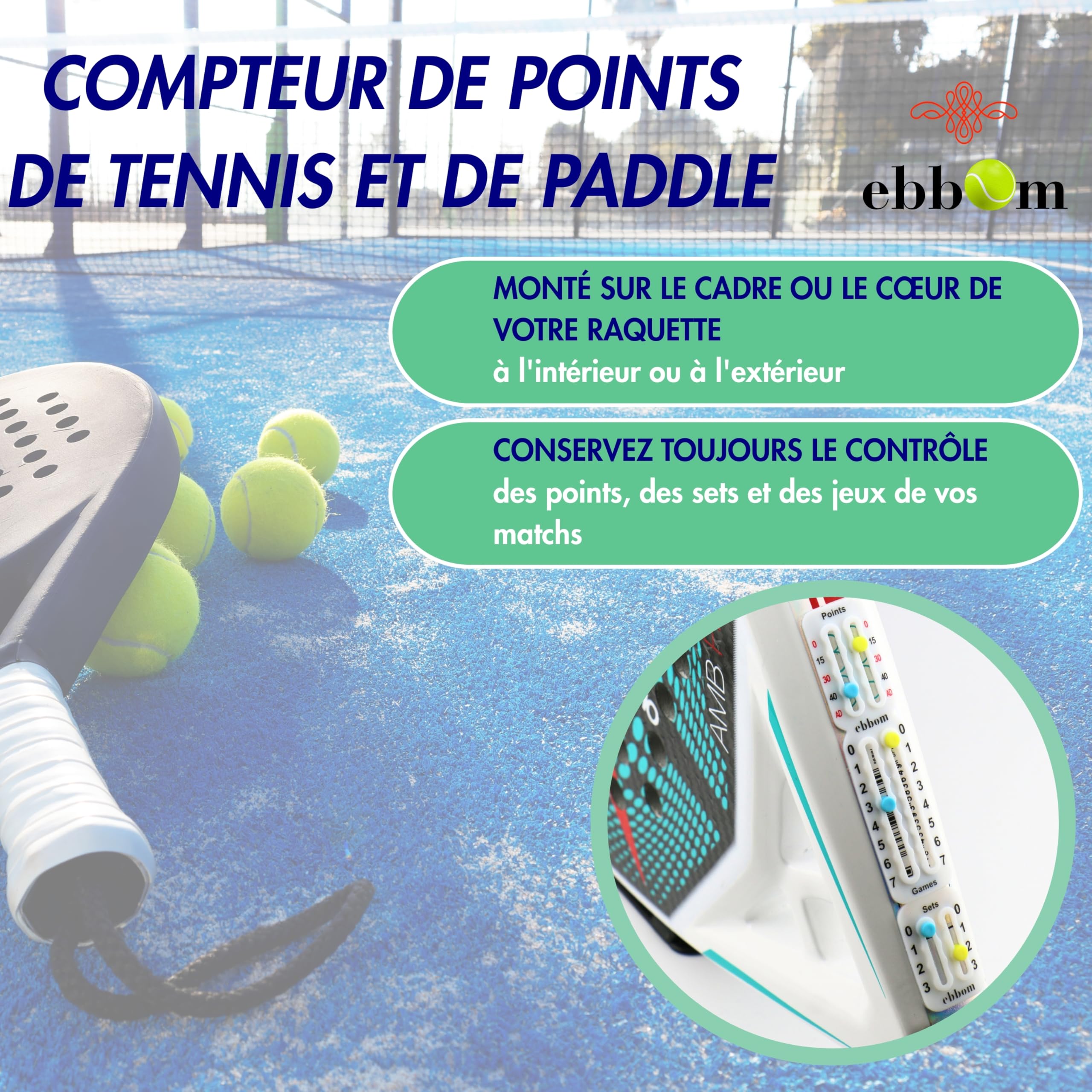 Compteur de Points Padel et Tennis Ultraléger avec Adhésif 3M - Inclus 2 Overgrips B/N et 1 Nettoyant – Adaptable à Toutes Les Raquettes et Palas – Accessoires Padel – Marqueur Padel
