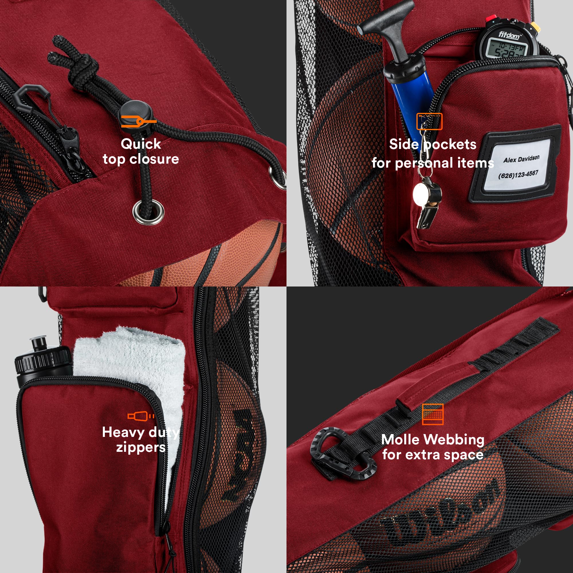 Fitdom Strapazierfähige XL-Basketballtasche mit Schultergurt, für Trainer mit 2 Fronttaschen für Coaching und Sportzubehör Dieser Teamschlauchträger kann bis zu 5 Basketbälle verstauen
