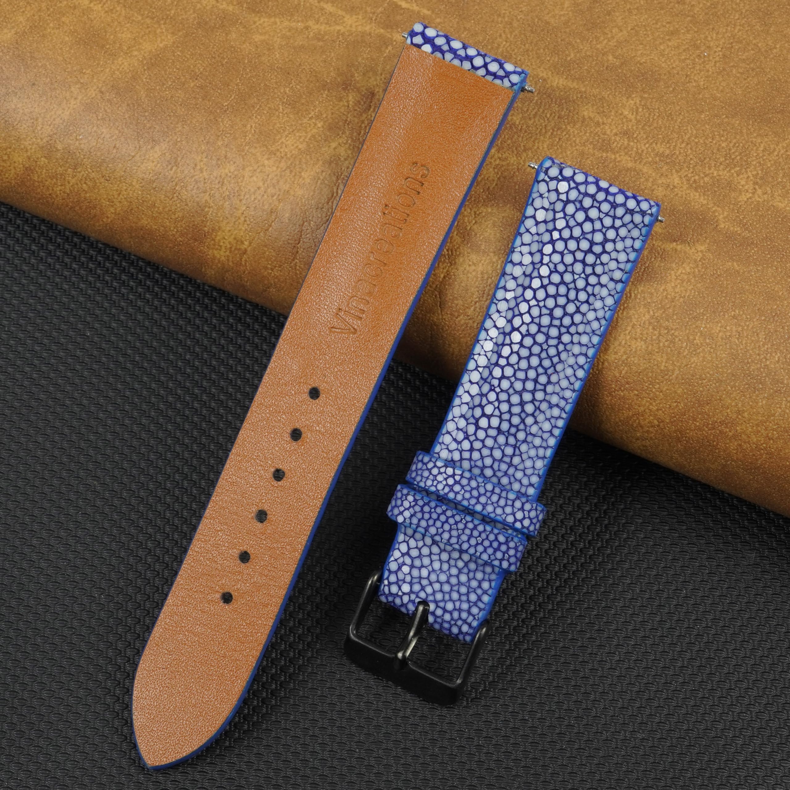 vinacreations 18mm Blue Stingray Leather Watch Band Men Luxury Replacement Strap Extra Soft Handmade Wristband Stainless Steel Buckle, Father's Day Gift for Dad Son Husband DH-63B-18MM