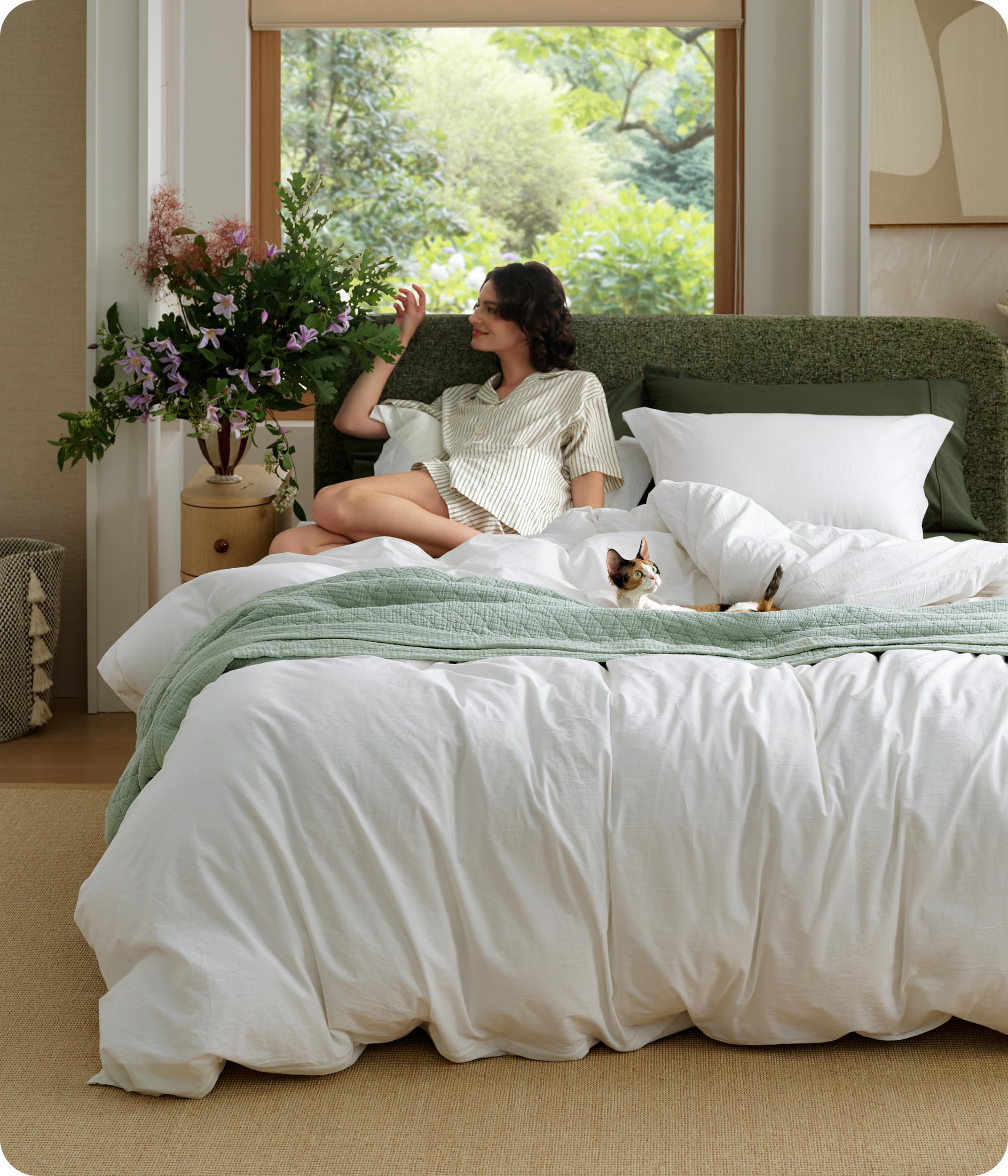 Photo 1 of Bedsure 100% Washed Cotton Duvet Cover King Size - Natural White Minimalist Bedding Set Linen Like - PureWoven Plain Simple & Soft Comforter Cover for All Seasons (Natural White, King, 104"x90")
