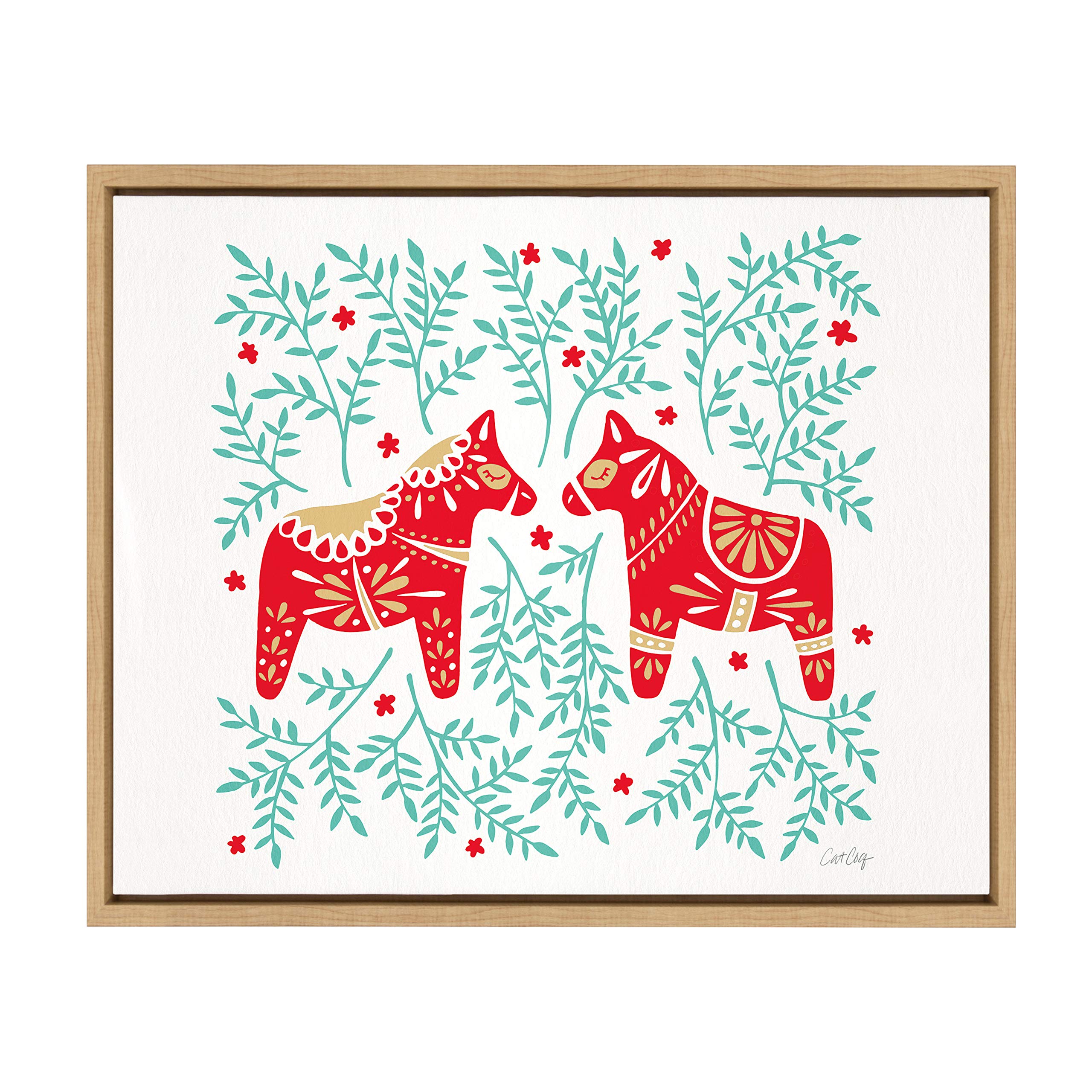 Kate and Laurel Sylvie Swedish Dala Horses Framed Canvas Wall Art by Cat Coquillette, 18x24 Natural, Holiday Inspired Animal Art
