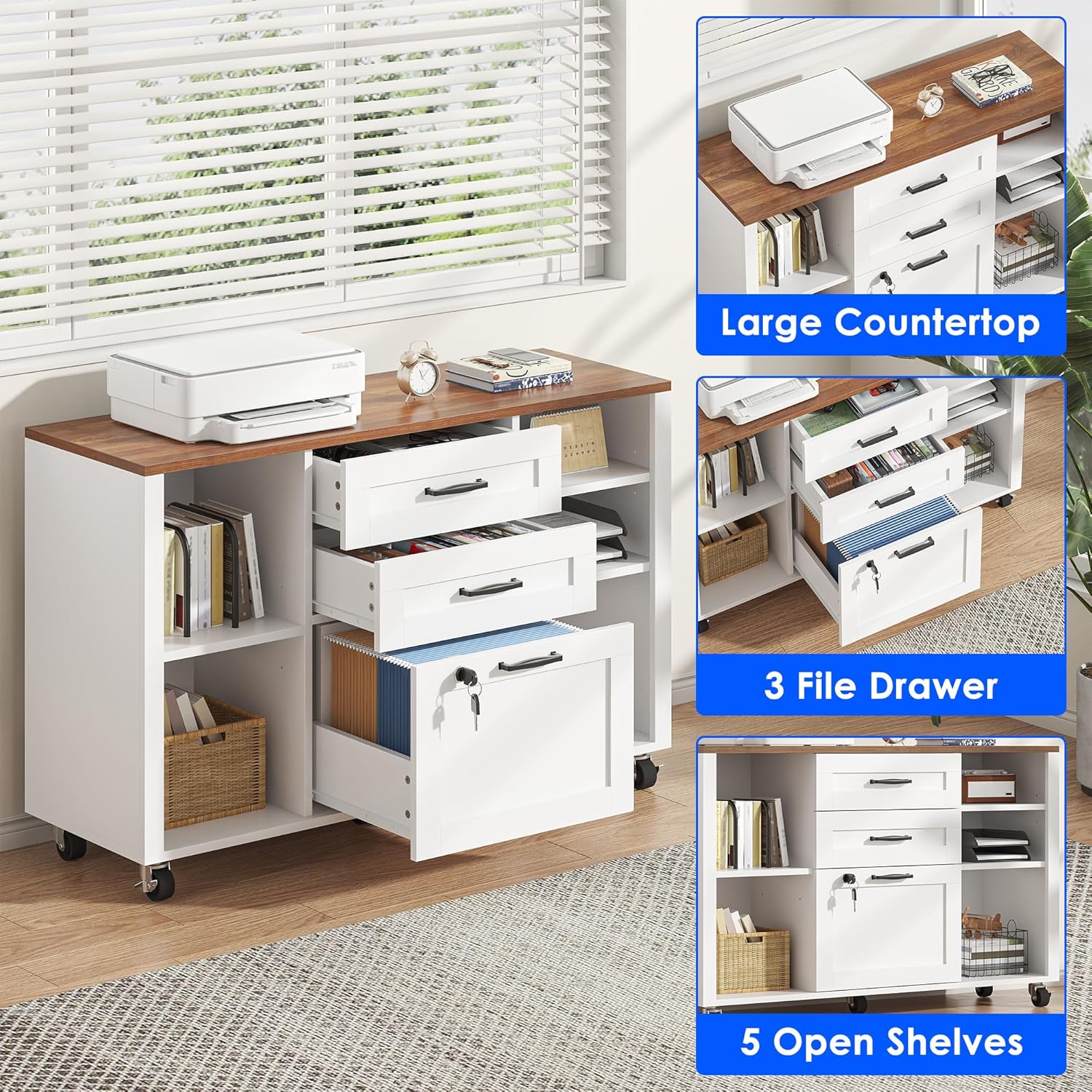 3 Drawer Wood Mobile Large lateral File Cabinet with Lock, Lockable Rolling Filing Cabinet with Open Storage Shelves, Printer Stand Office Storage for Home Office Fits Files Legal/A4, White