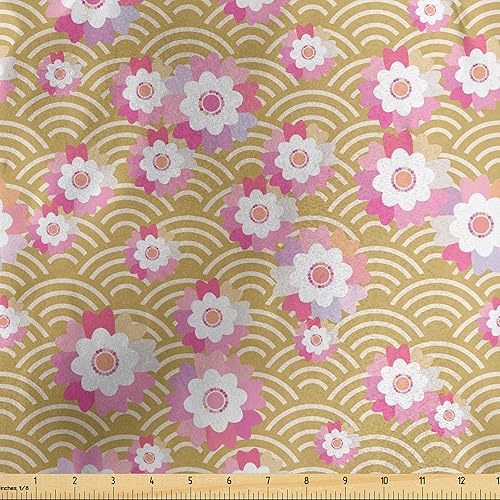 Ambesonne Japanese Fabric by The Yard, Spring Sakura Flowers Blossoms Illustration on Fish Scale Like Backdrop, Decorative Satin Fabric for Home