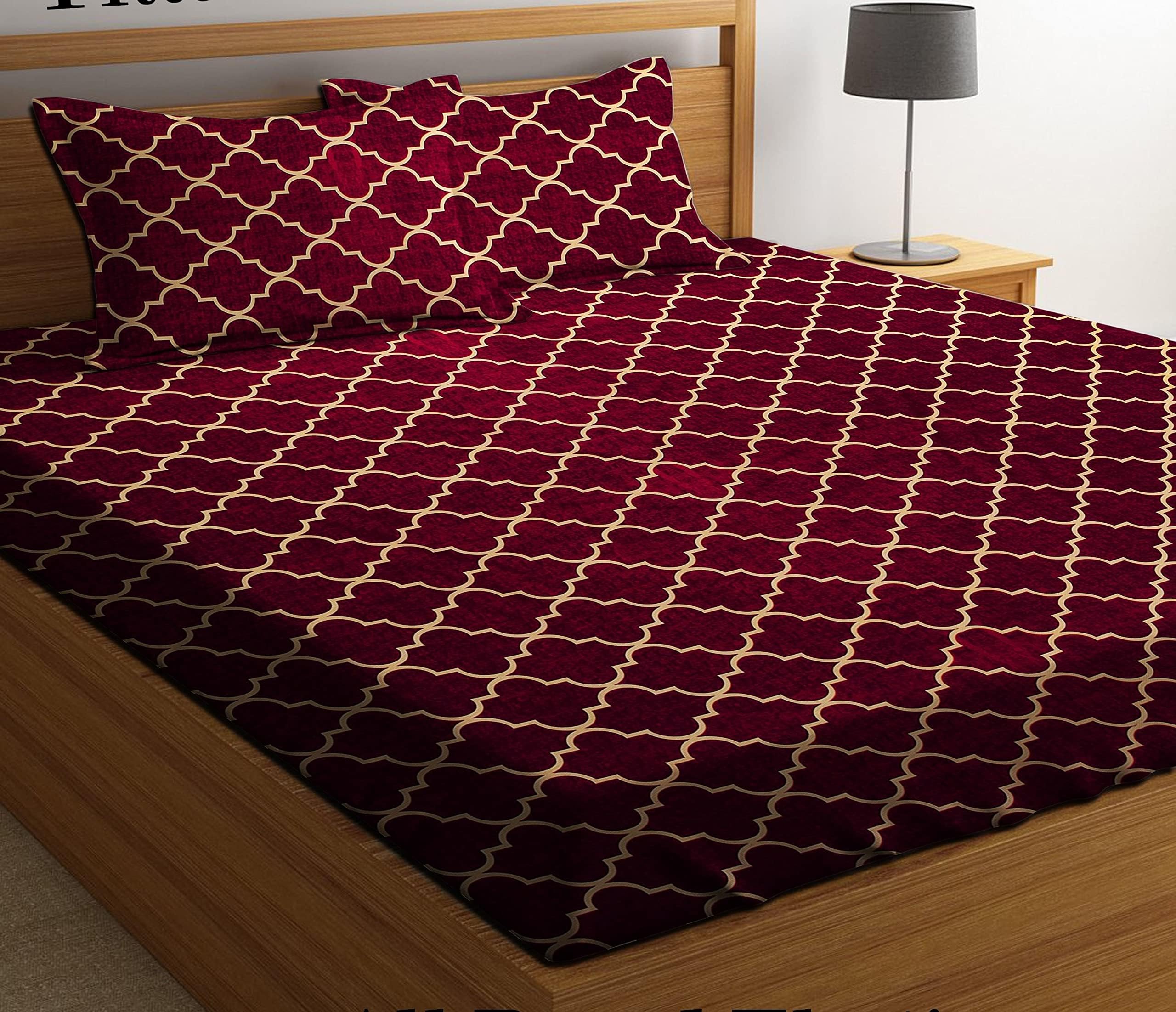 Glace Cotton King Size All Around Elastic Fitted Double Printed Bedsheet 72''x78'' Inch + 10 Inch (Drop) with 2 Pillow Covers (Maroon), 200 Tc - 220 Tc