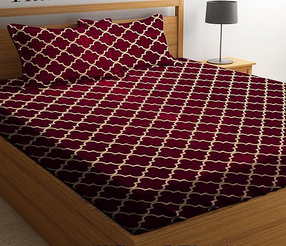 HIYANSHI HOME FURNISHING Glace Cotton King Size All Around Elastic Fitted Double Bedsheet 72'' x 78'' Inchi + 10 Inch (Drop) with 2 Pillow Covers (Maroon)