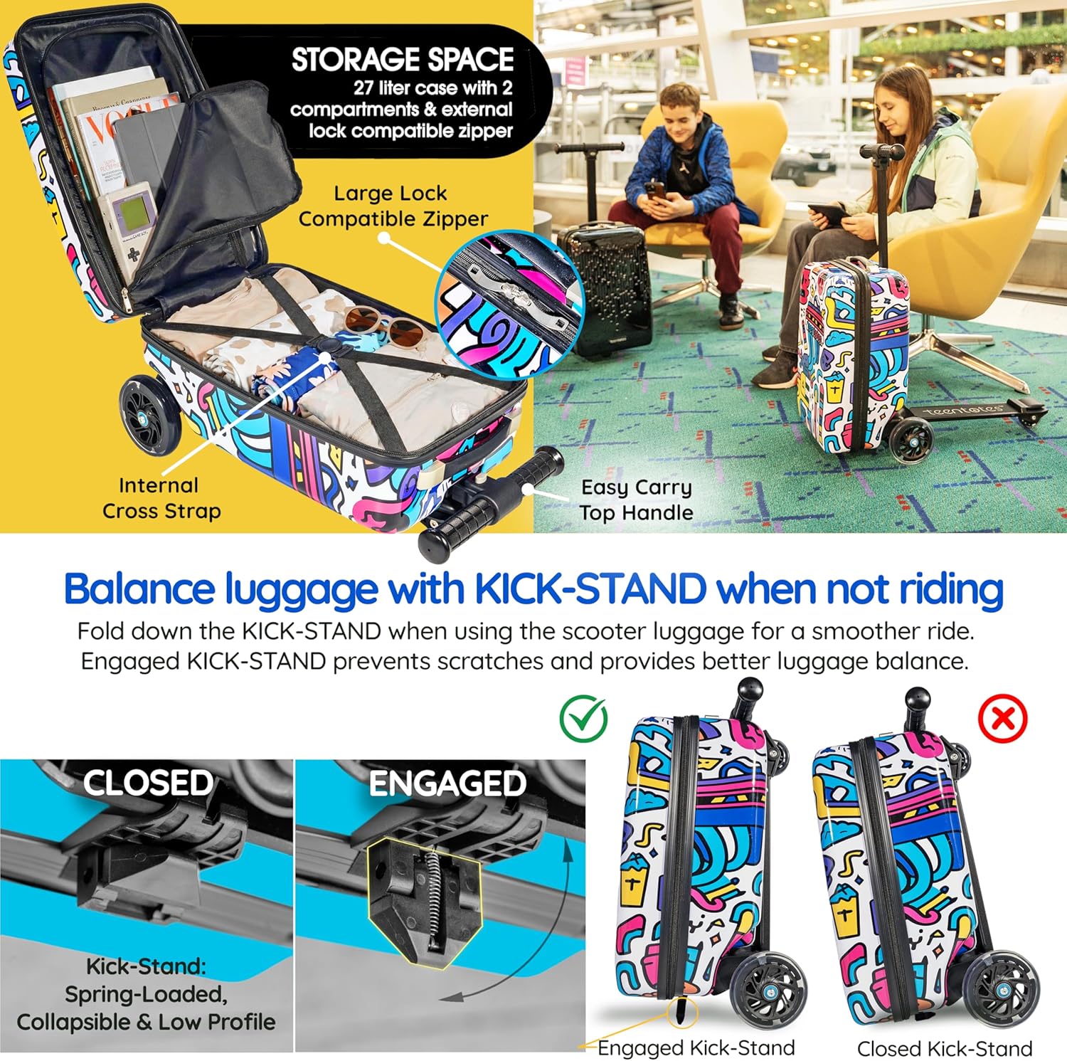 Teen Totes Detachable 4-in-1 Scooter Luggage for Kids – Ride-On Suitcase with Removable Luggage Body, Adjustable Handlebar, Durable Deck & Brake, Carry-On Size – Travel & Play - Image 4