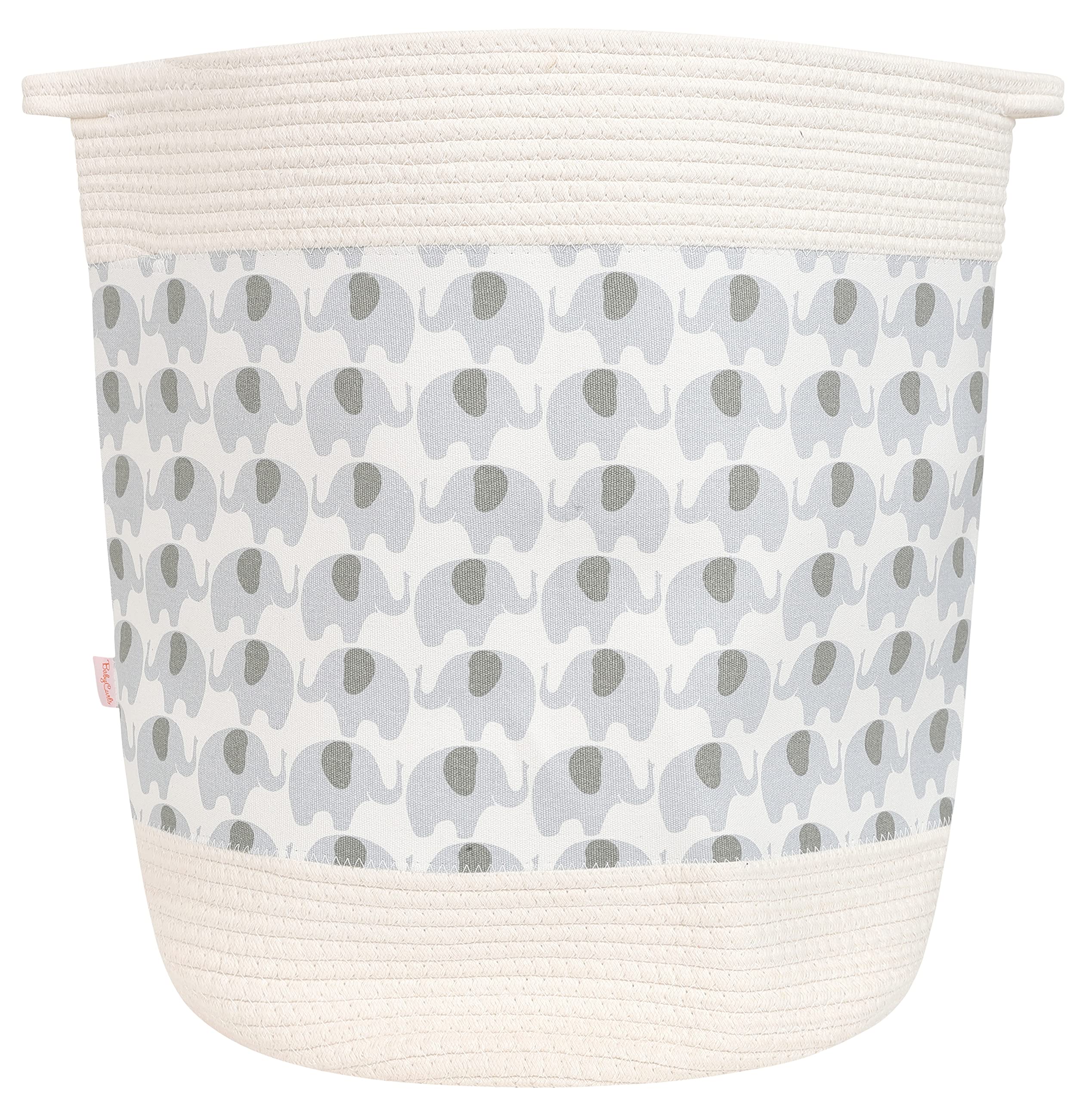 Babycurls Large Cotton Woven Rope Nursery Laundry Basket With Handles - Tall Washing Basket for Baby Nursery Room Storage for Blanket in Living Room Toy Basket (Elephant Love)