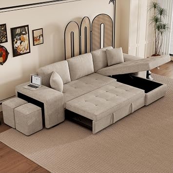 104" Modern L Shape 3 Seater Reversible Sectional Couch, Pull Out Sleeper Sofa with Storage Chaise and 2 Stools, Modern Sectional Sofa Bed for Living Room Furniture Set, Cream