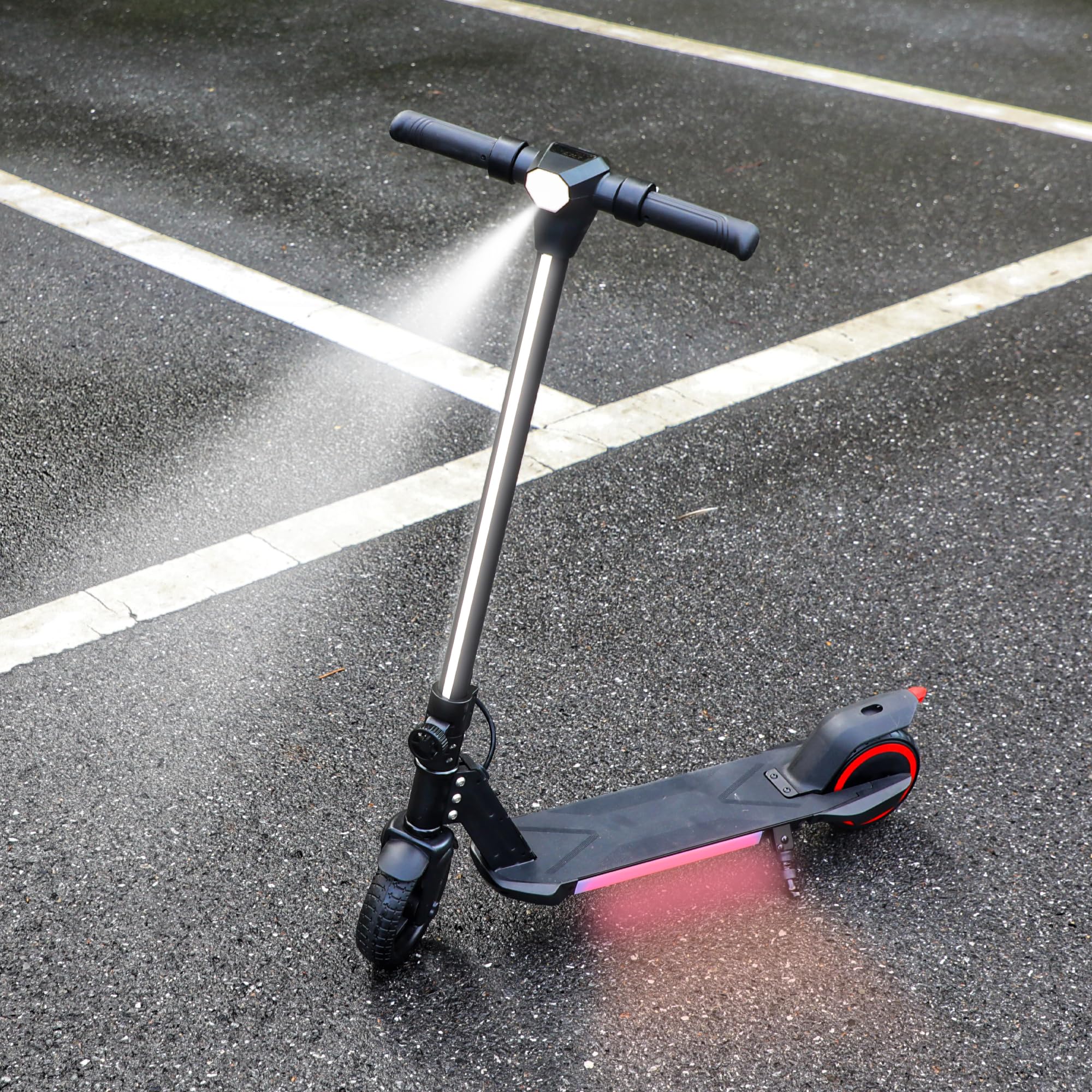 Patinete eléctrico plegable negro para niños, con luces de cabeza LED, luces de barra frontal brillantes, luces brillantes en el pedal, pantalla LED, motor de doble freno de 150 W, scooter 3