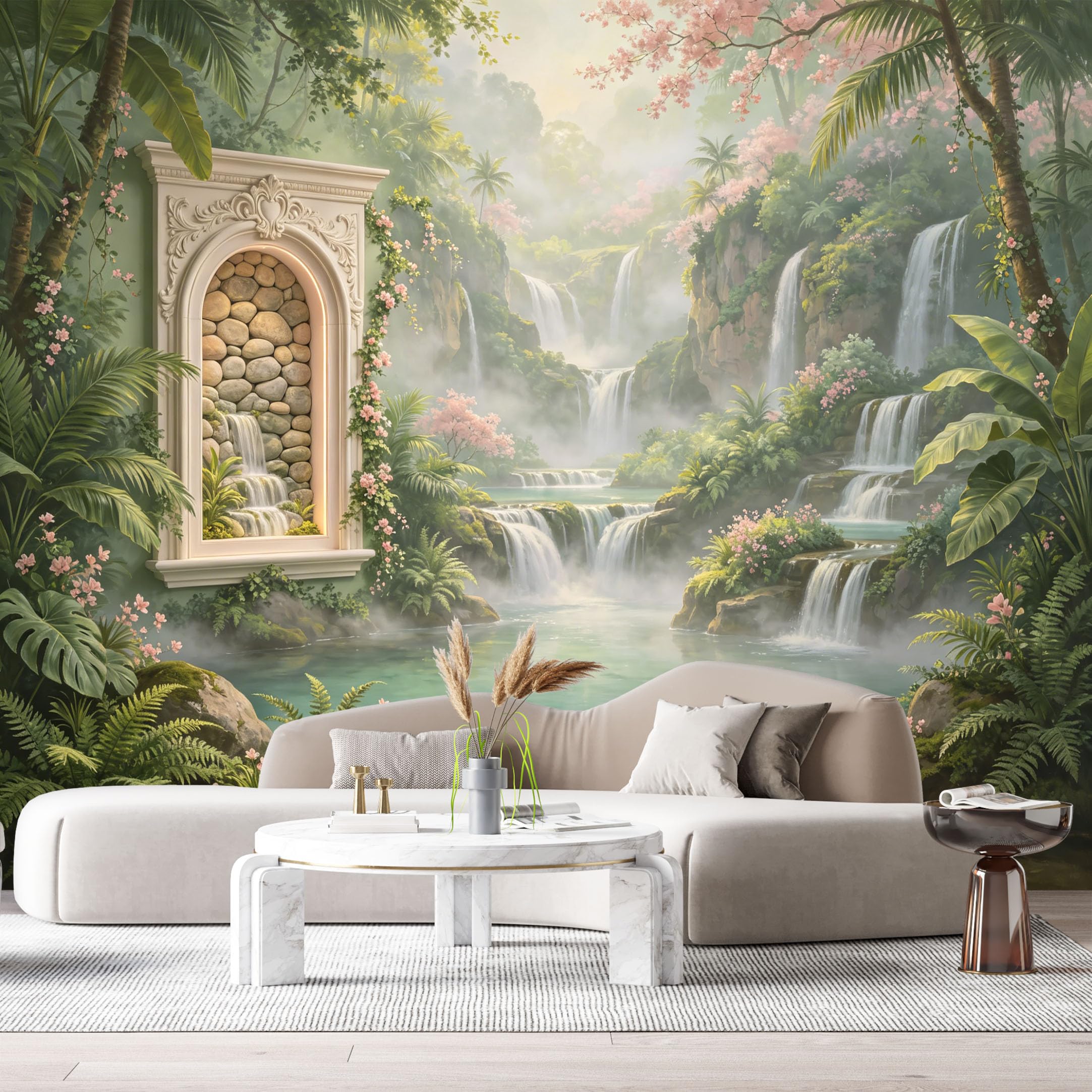 Custom Size Wall Murals Tropical Waterfall Lake Botanical 3D Trompe L'Oeil SelfAdhesiveWall Fabric Removable Wallpaper Wall Decor for Living Room Bedroom Bathroom