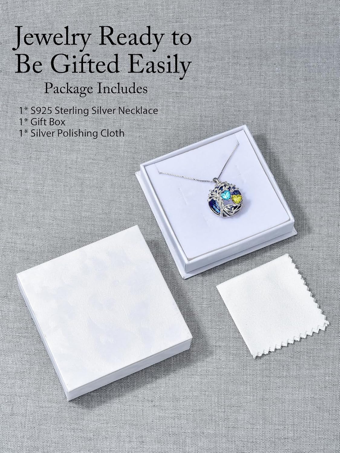 TOUPOP s925 Sterling Silver Family Celtic Tree of Life Pendant Necklaces with 2 Heart Birthstone with Blue Austrian Crystal Jewelry Birthday Valentines Day Gifts for Her, Anniversary Christmas Gifts for Wife Girlfriend Mom (18K Real White Gold Filled) - Image 6