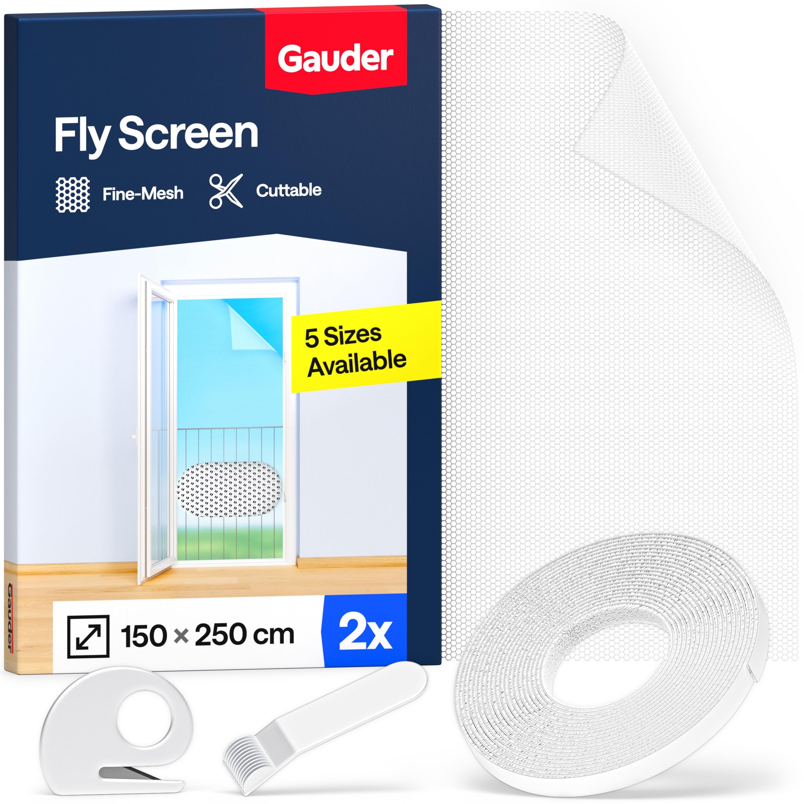GAUDER Fly Screen for Floor-to-Ceiling Windows - Self-Adhesive Insect Screen for Large Windows - Mosquito Net - Cut-to-Size Fine Mesh Window Bug Net (2 Pieces - 150 x 250 cm - White)