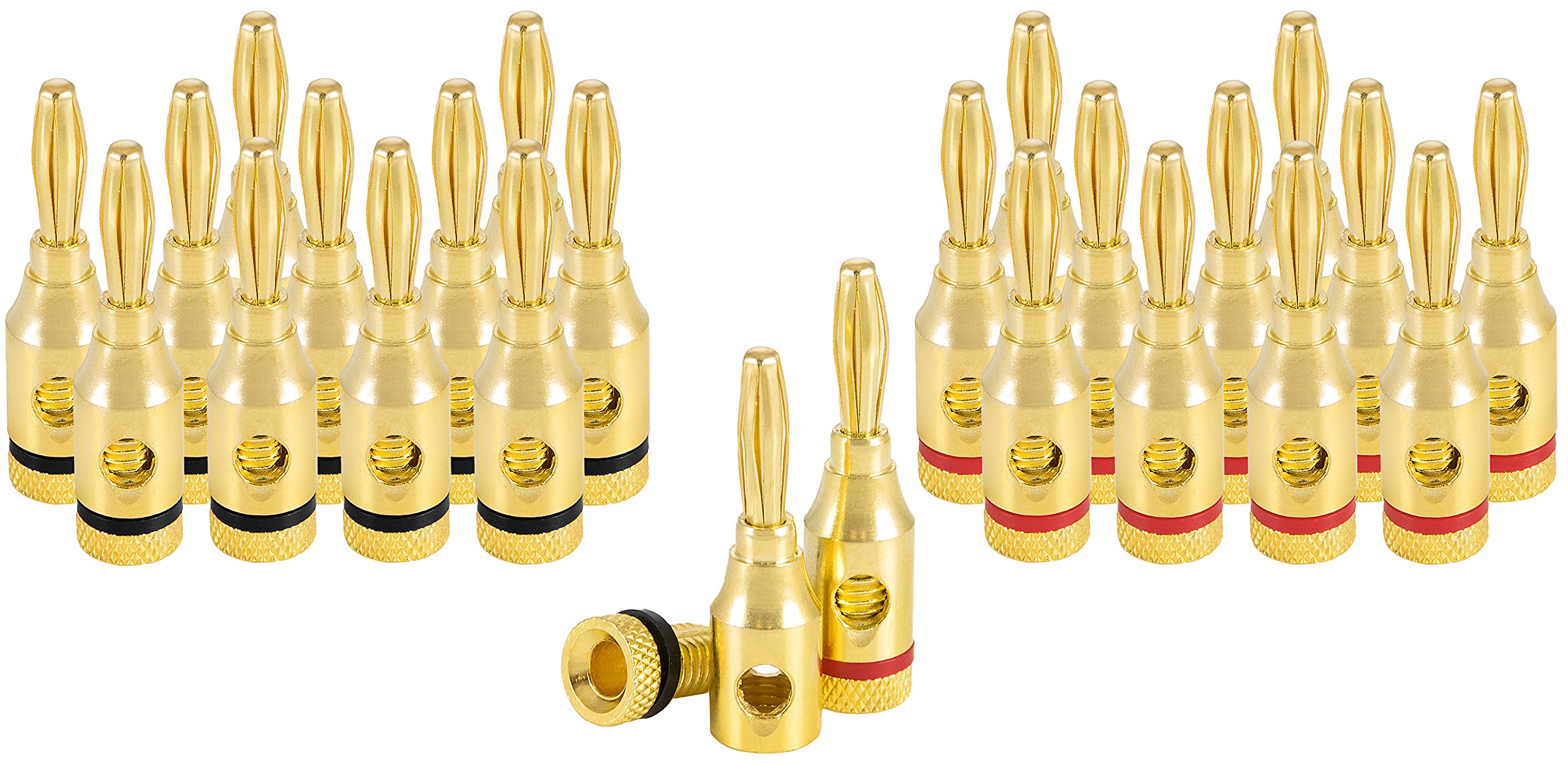 Poppstar - 24x High End Banana Plug (2-piece plug), Bananas for speaker cables (up to 4 mm²), 24k gold plated (12x black, 12x red)