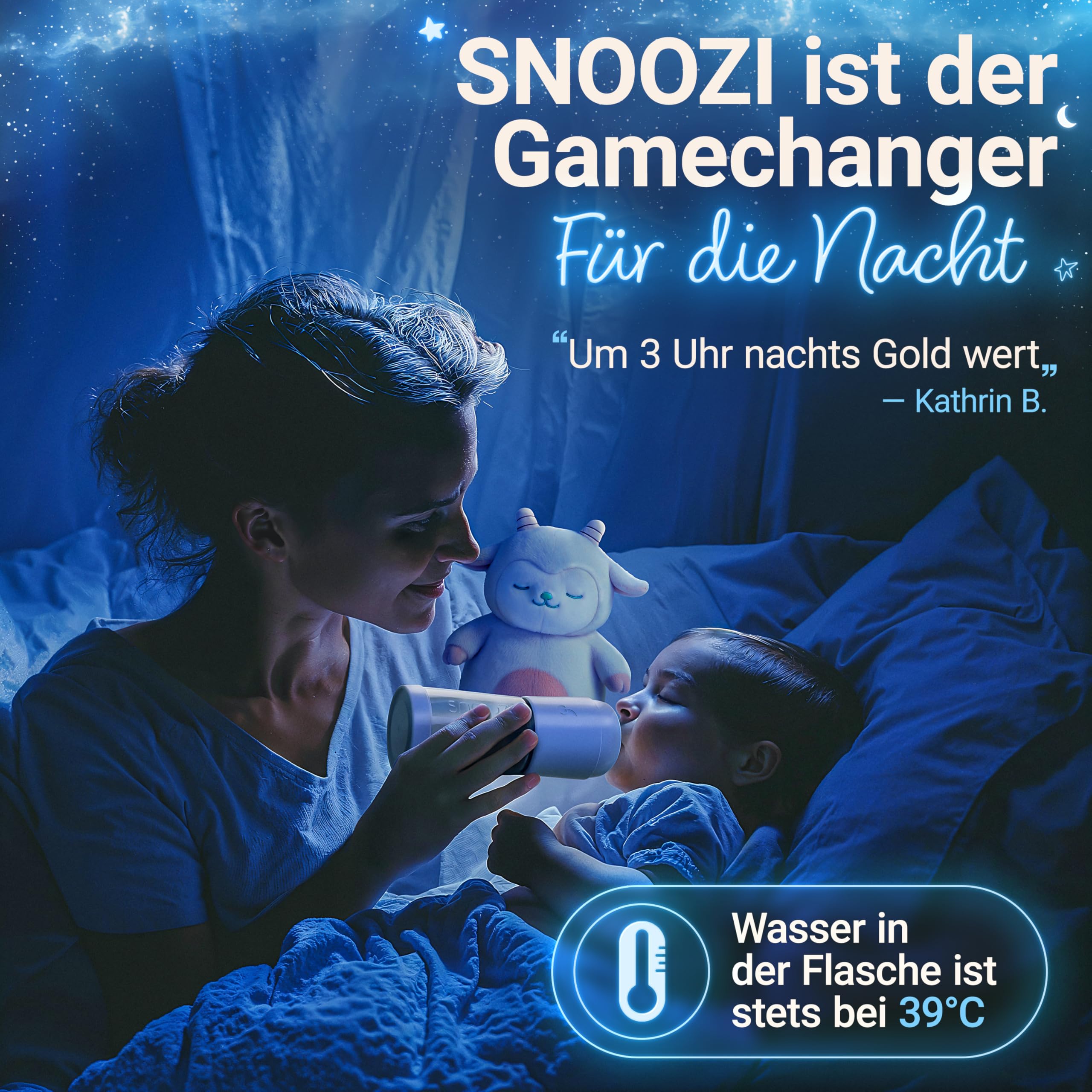 SNOOZI 2er-Set – Baby Nachtflasche mit Flaschenwärmer (2 Flaschen pro Nacht) Babyflasche mit integriertem Milchpulver-Behälter in der Flasche