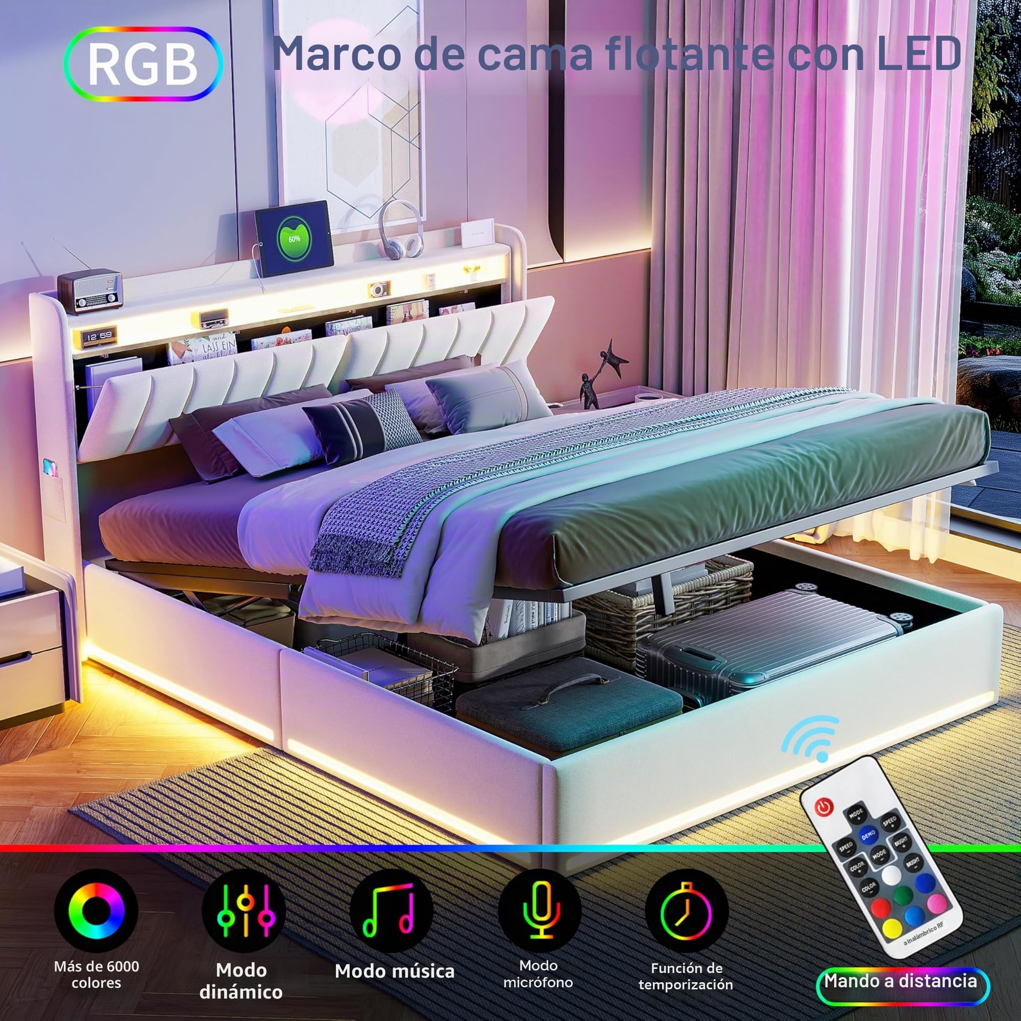 Cama acolchada para cama doble de 160 x 200 cm con LED, cama con espacio de almacenamiento, 160 x 200 cm, cama de almacenamiento hidráulica con cajón, cama funcional con espacio de almacenamiento