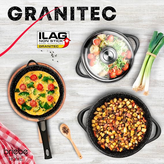 briebe Induction Cookware Set 12 Pieces, 4 Cast Aluminium Casseroles Dish + 2 Frying Pans, Non-Stick ILAG Granitec PFOA-Free, Set of Pots and Glass Lids, Silicone Gloves, Ceramic Hob, Gas, Oven