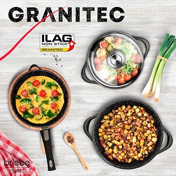 briebe Induction Cookware Set 12 Pieces, 4 Cast Aluminium Casseroles Dish + 2 Frying Pans, Non-Stick ILAG Granitec PFOA-Free, Set of Pots and Glass Lids, Silicone Gloves, Ceramic Hob, Gas, Oven