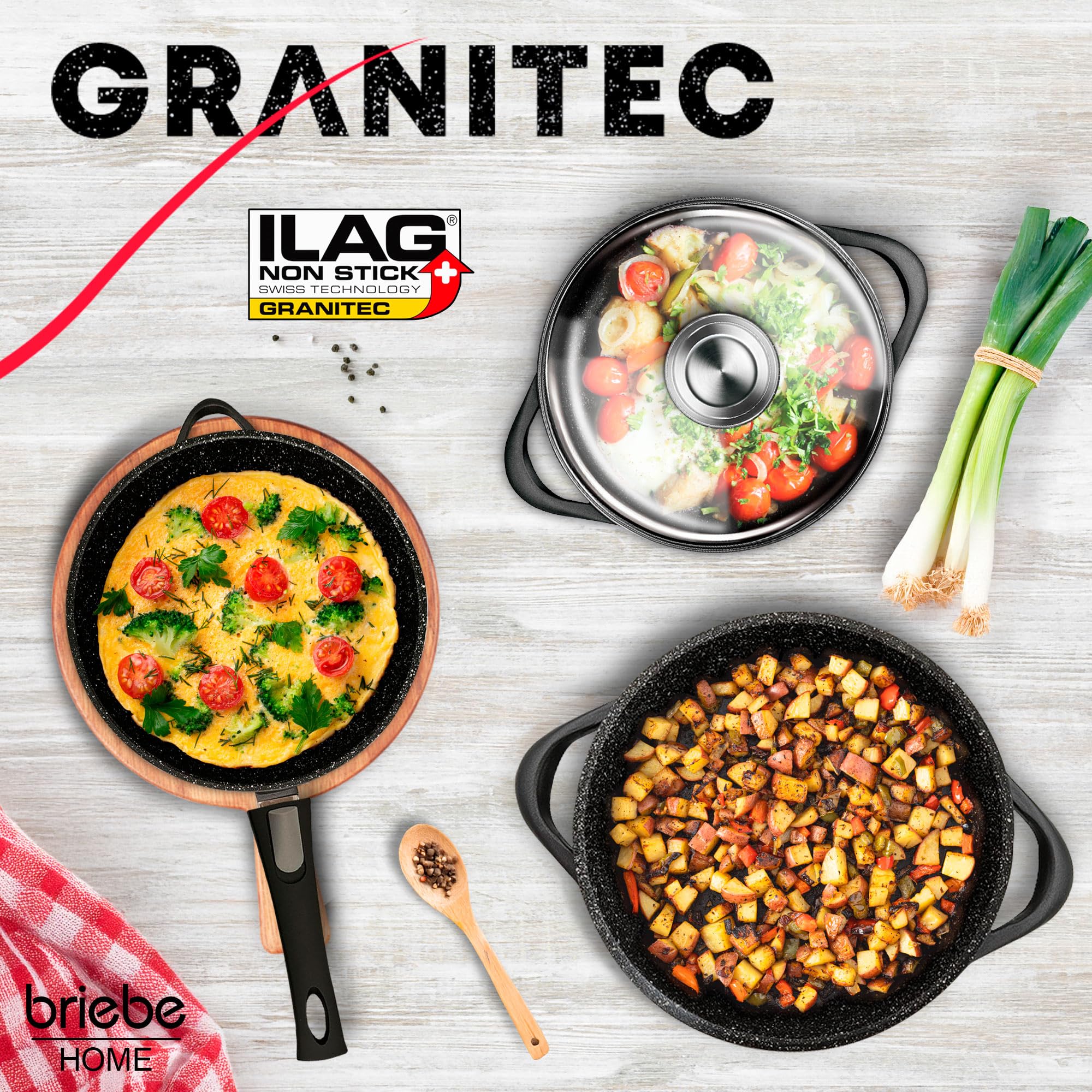 briebe Batería Cocina Inducción 10 Piezas, Juego 3 Ollas Aluminio Fundido + 2 Sartenes, Antiadherente ILAG GRANITEC sin PFOA, Set Cazuelas Tapas Cristal, Guantes Silicona, Vitrocerámica, Gas, Horno