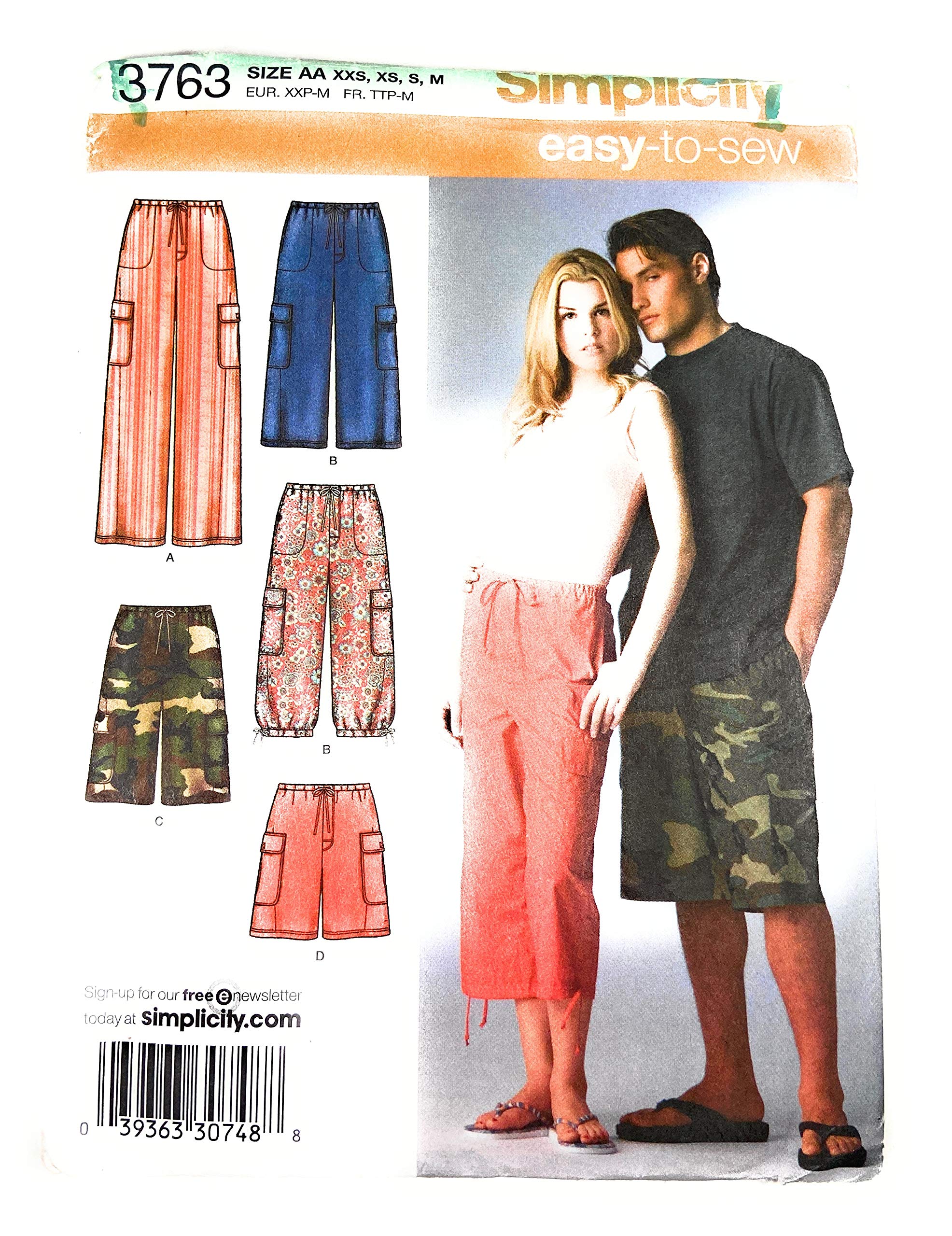 Patrons de couture Simplicity 3763 pantalons shorts ados hommes taille AA