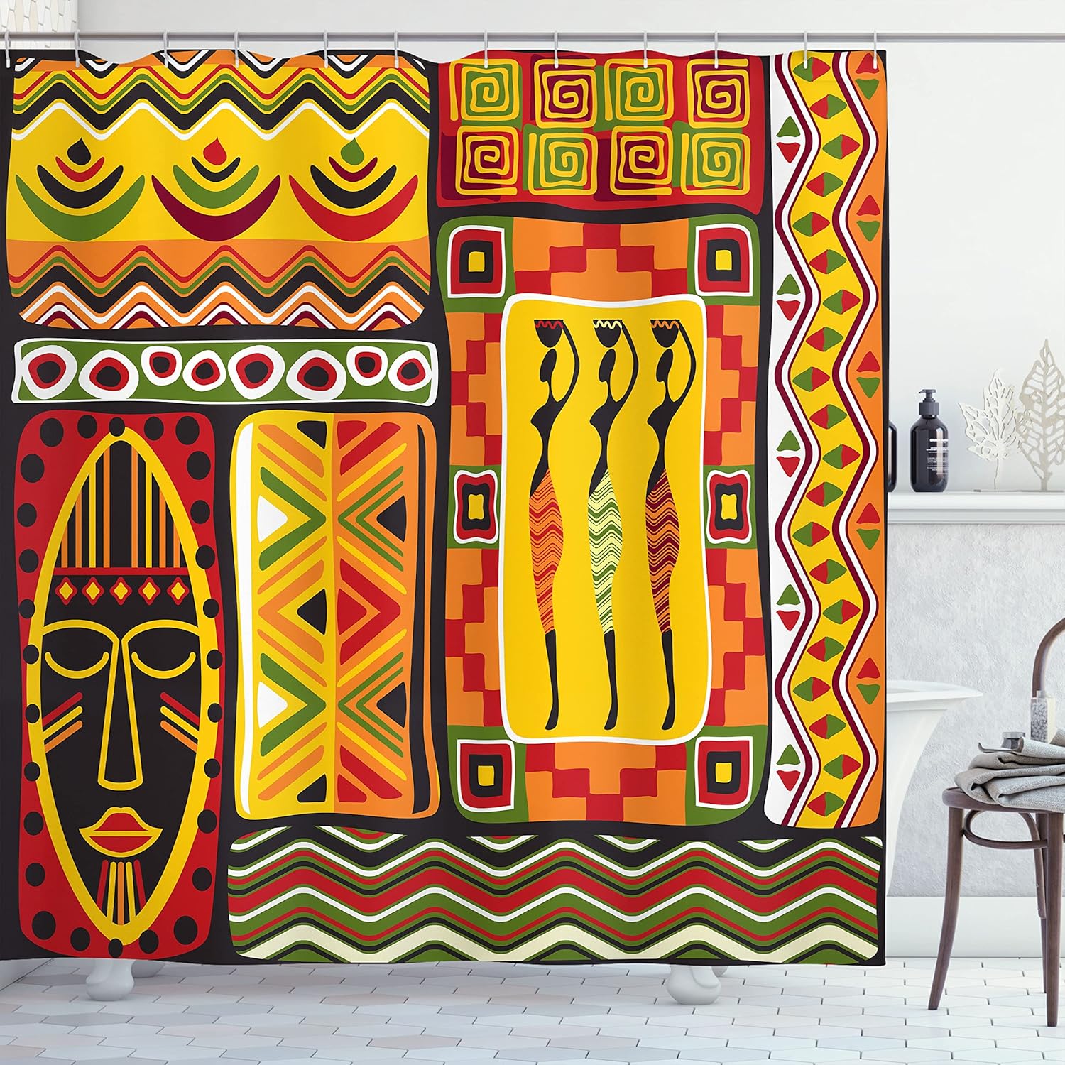 Ambesonne African Shower Curtain, an Elements of Continent Symbols with Historical Original Striped and Rectangle Shapes Art, Cloth Fabric Bathroom Decor Set with Hooks, 69" W x 84" L, Scarlet Yellow