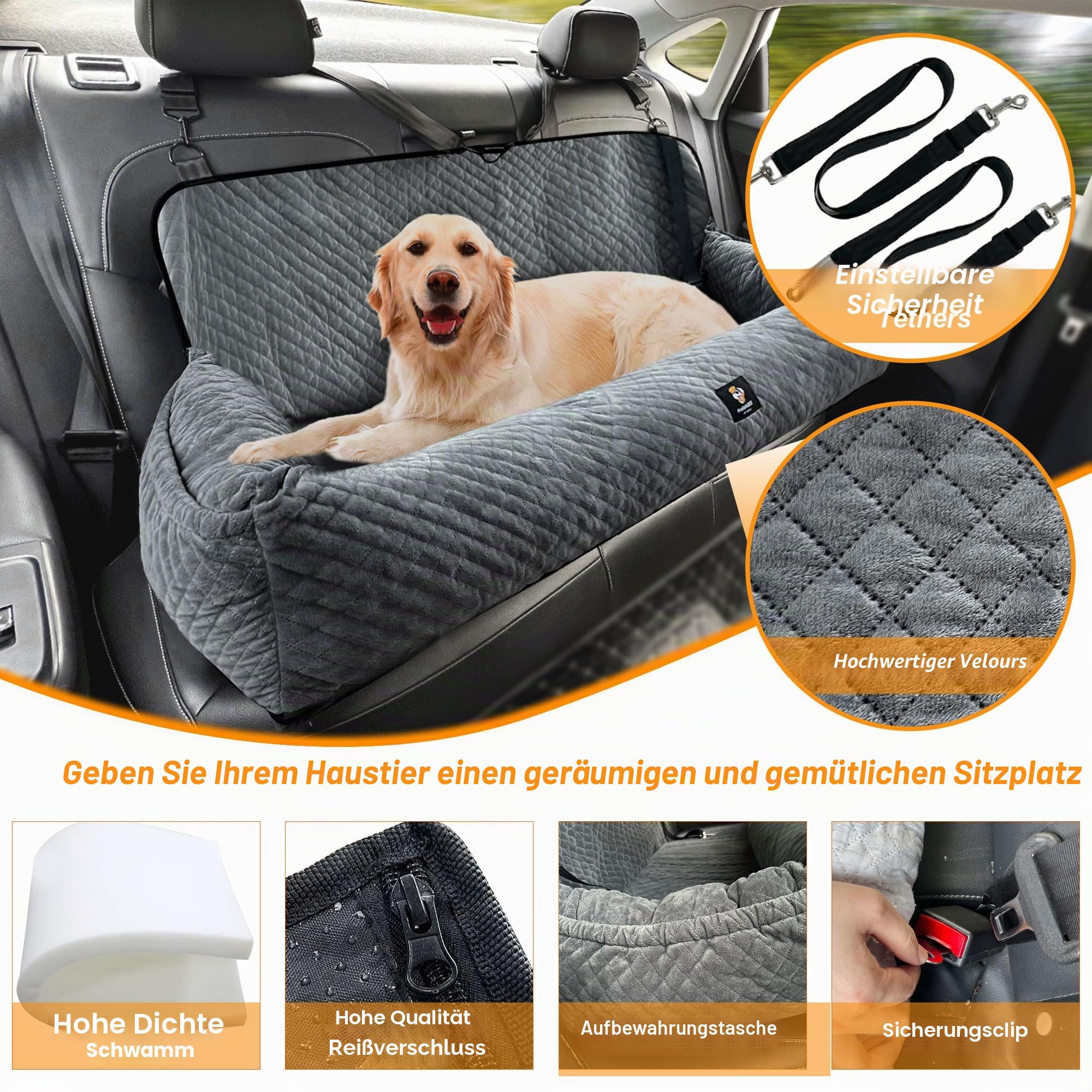 Gearking Hundeautositz für große Hunde unter 45.4 kg, Hunde-Autobett, Haustiererhöhung, Rücksitz, abnehmbar, waschbar, Reisesicherheit, nur für Auto-Rücksitz, Grau