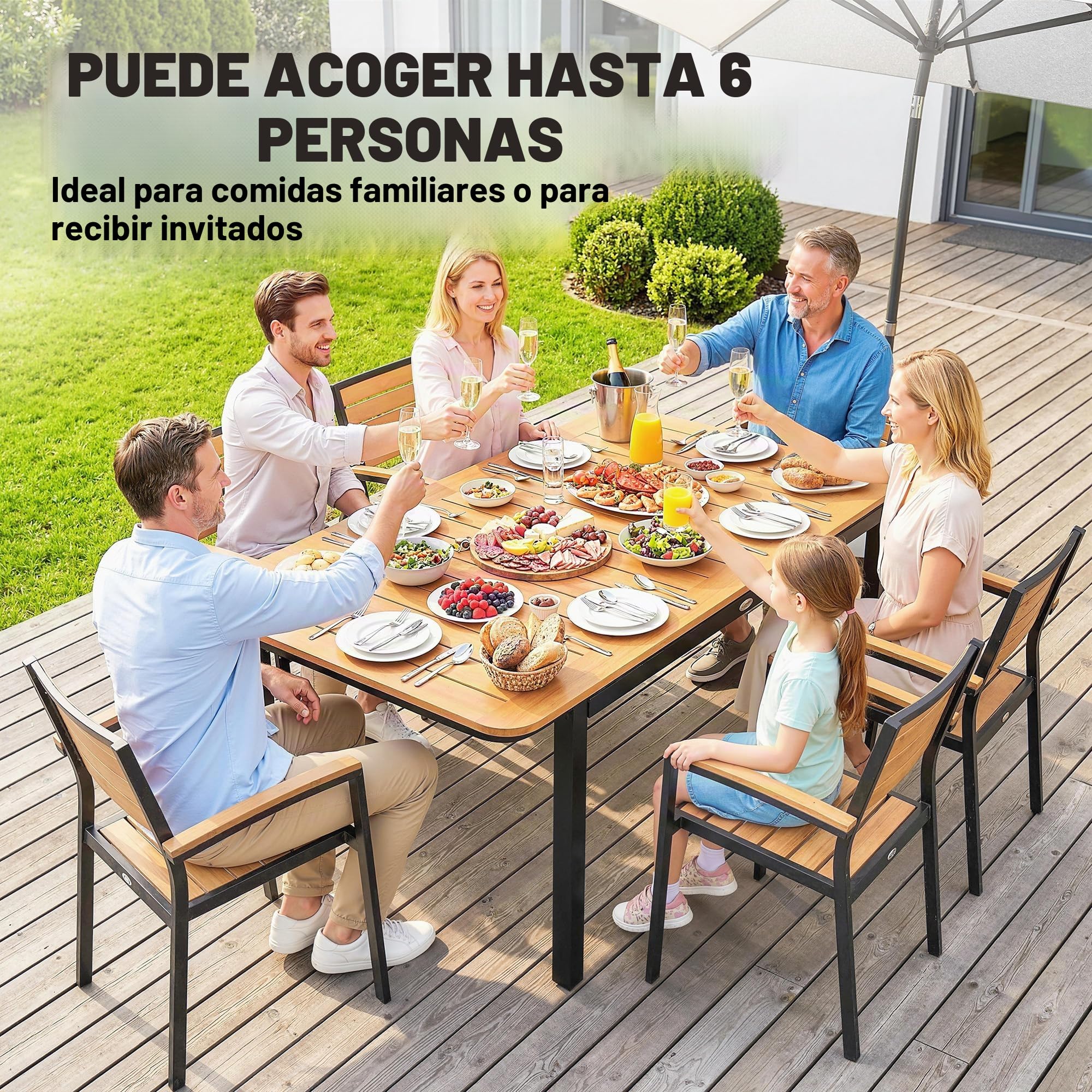 Outsunny - Mesa de jardín para 6 personas, madera compuesta, 127 x 70 cm, color marrón | Mesa de exterior rectangular, marco de metal, bandeja para láminas, muebles de terraza, para balcón y patio