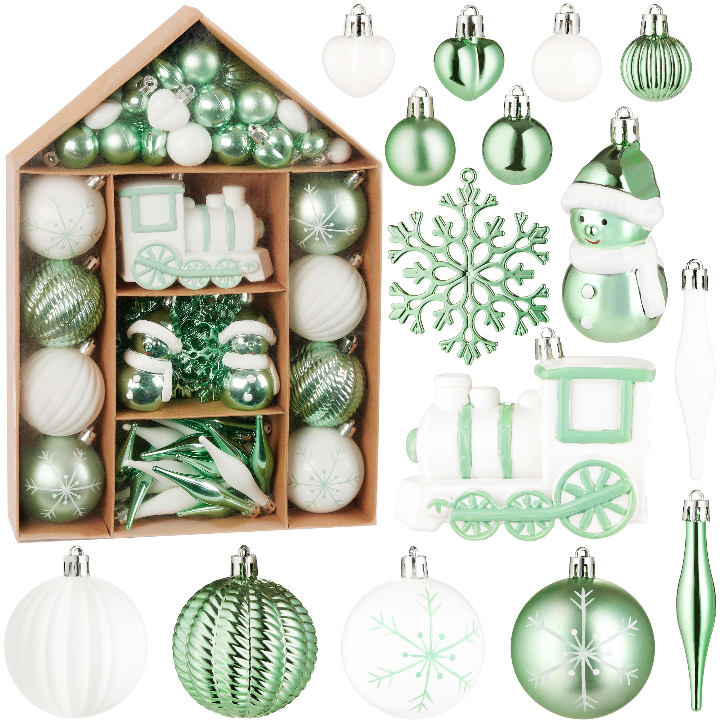 Brubaker Turquoise 70 Piece Christmas Tree Decorations - Christmas Bauble Set With Locomotive, Snowmen, Baubles, Hearts And Snowflakes - Tree Decorations - Christmas Tree Hanging Ornaments - White