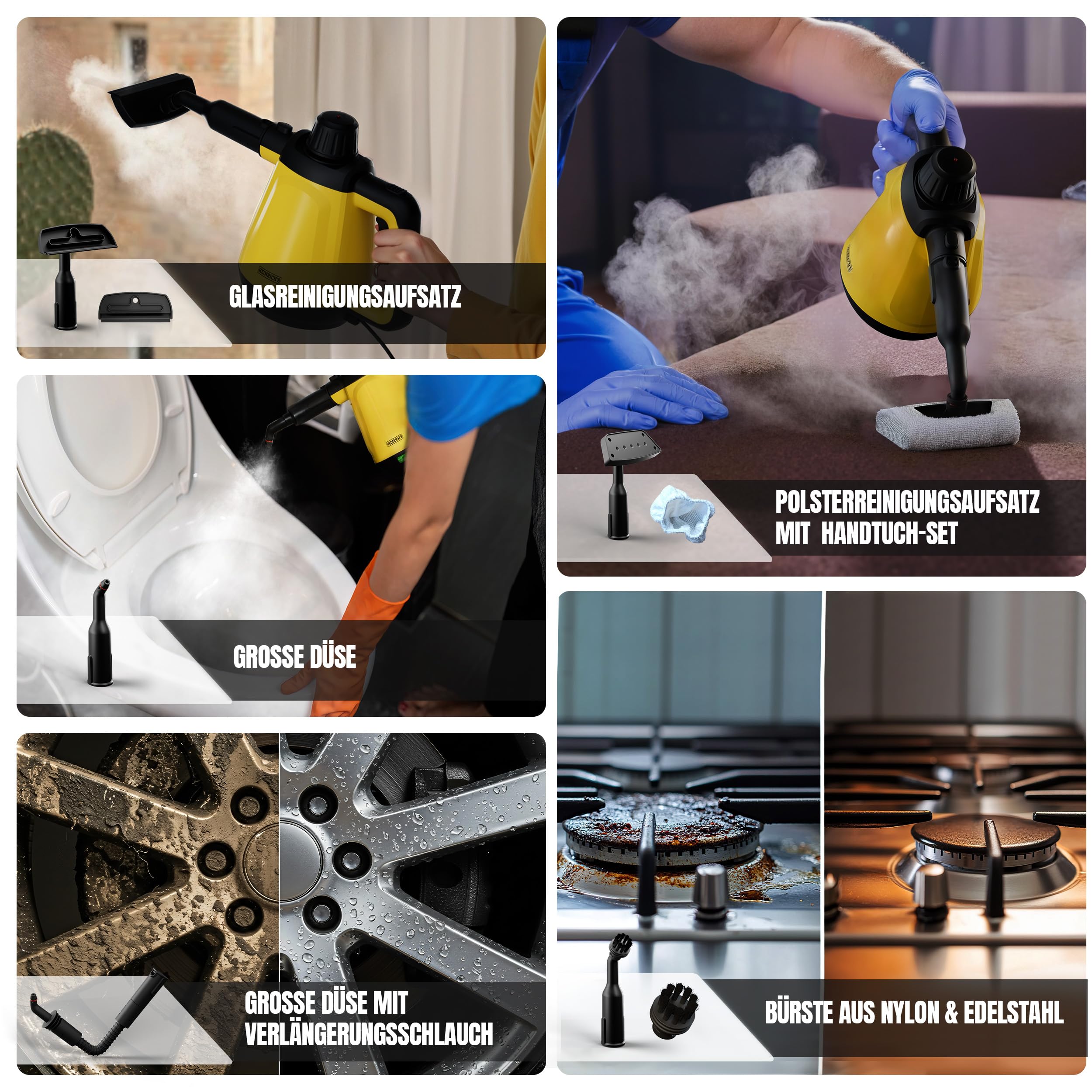 HEINRICHS Dampfreiniger, Handdampfreiniger für zuhause, Steam Cleaner, kurze Aufheizzeit 5 min., 400ml Wassertank, 3,5 Bar Dampfdruck, 5m Kabel, für Auto, Küche, Bad, Polster, Boden, Fenster, 1200W