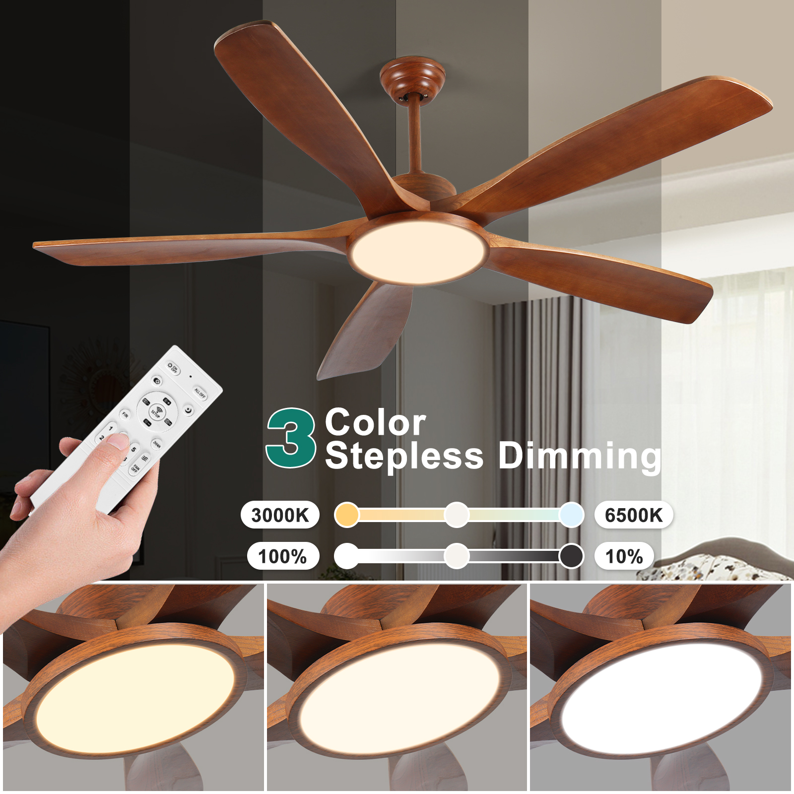 LINJO 52 Inch Wood Ceiling Fan with Lights and Remote Control 5