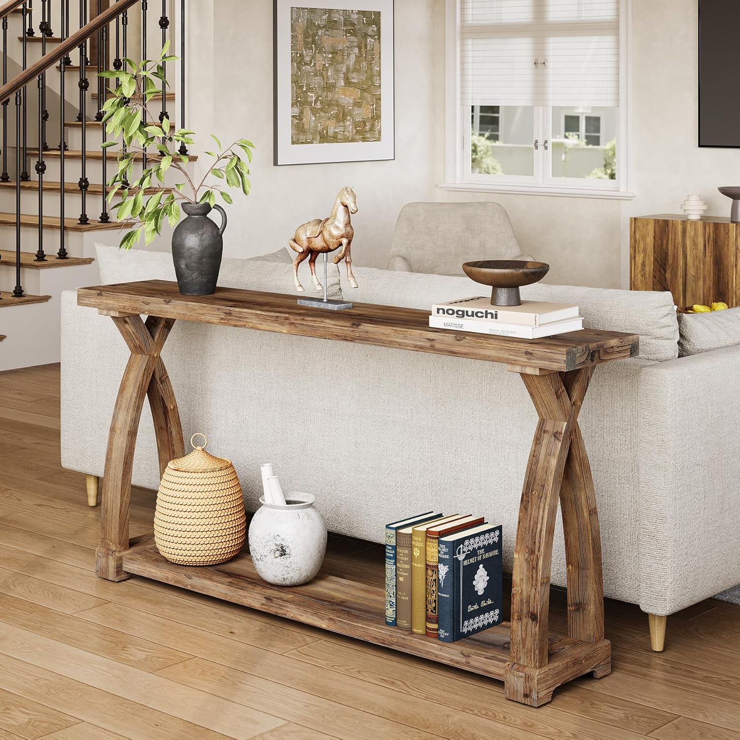 Solid Wood Console Table for Entryway, 63-Inch Narrow Farmhouse Couch Table Behind Sofa with 2-Tier Storage for Entrance, Foyer, Living Room, Long, Rustic Brown