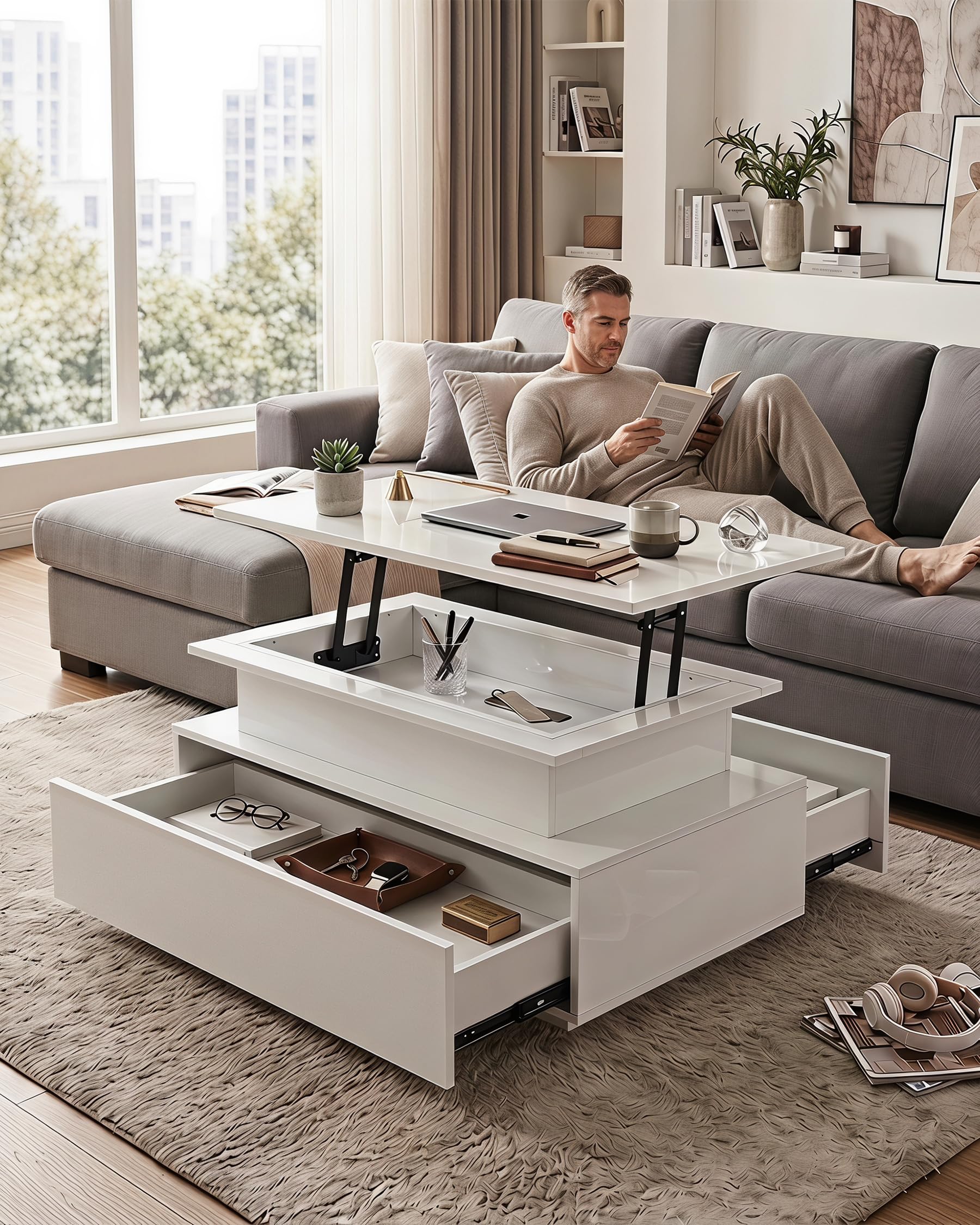 Tavolino da Salotto Rettangolare Moderno, Tavolo Salotto Salvaspazio, Tavolino Trasformabile con 2 cassetti e 1 spazio nascosto, Coffee Table con effetti di luce multicolore