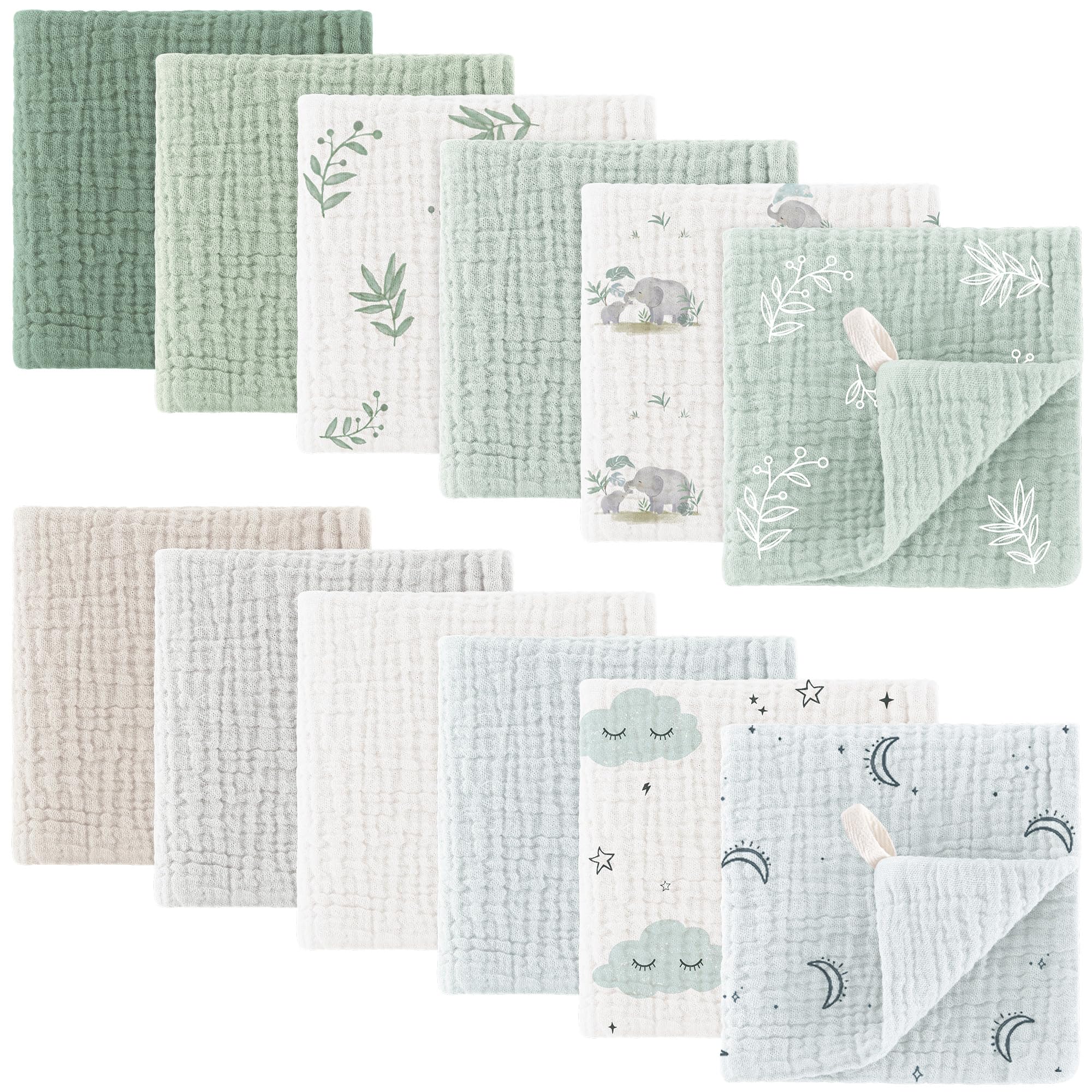 Bearmoss Baby Musselin Waschlappen Moltontücher 100% Baumwolle Weiche Spucktücher Baby,Atmungsaktiv und Extrem Saugfähig Musselin Tuch für Saugstark Mulltücher 12 Stück 25 x25cm (Graugrün)
