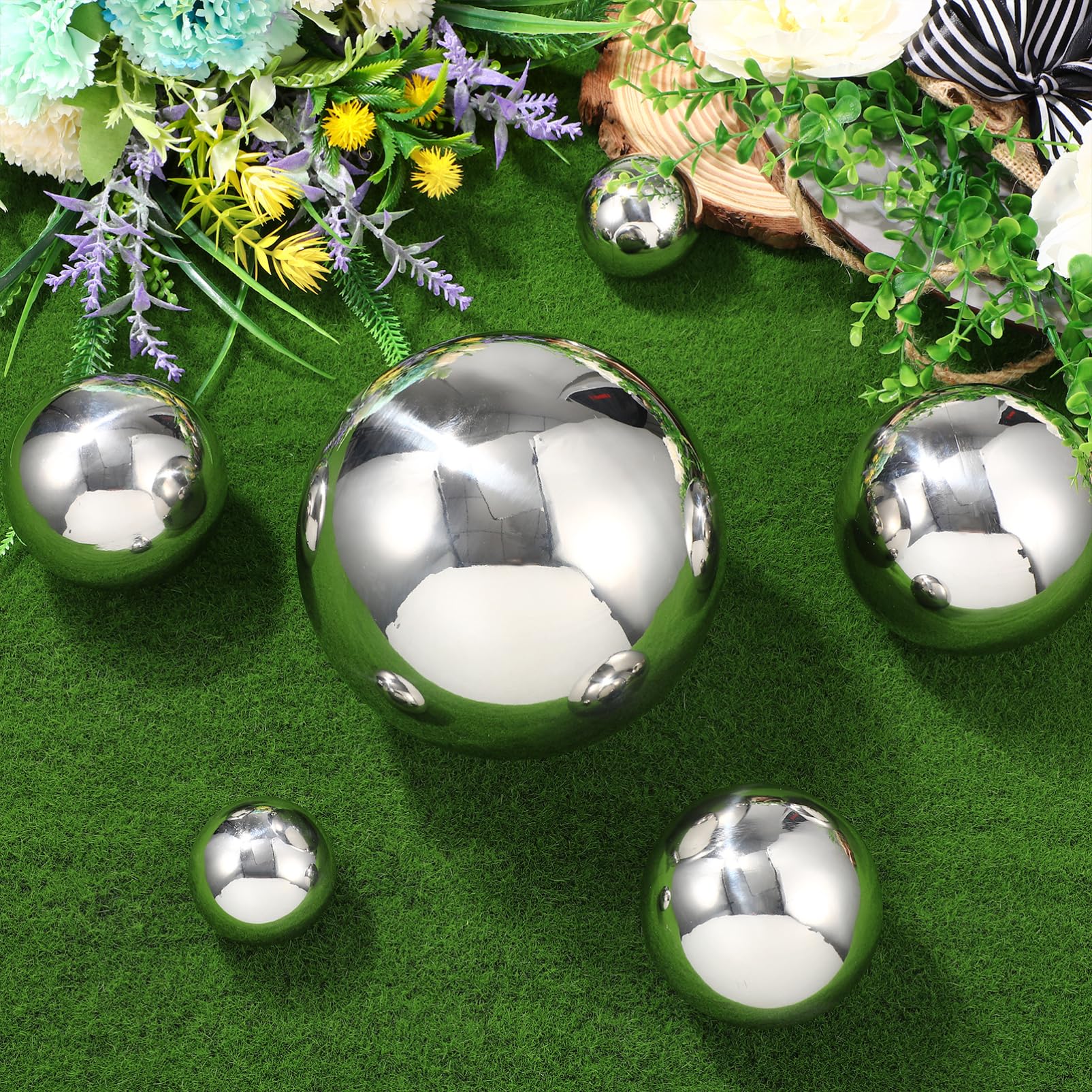 BESPORTBLE 6 sfere per giardino, in acciaio inox lucidato a specchio, sfere riflettenti, ornamenti decorativi per esterni, argento, 15 cm, 10 cm, 8 cm, 5 cm