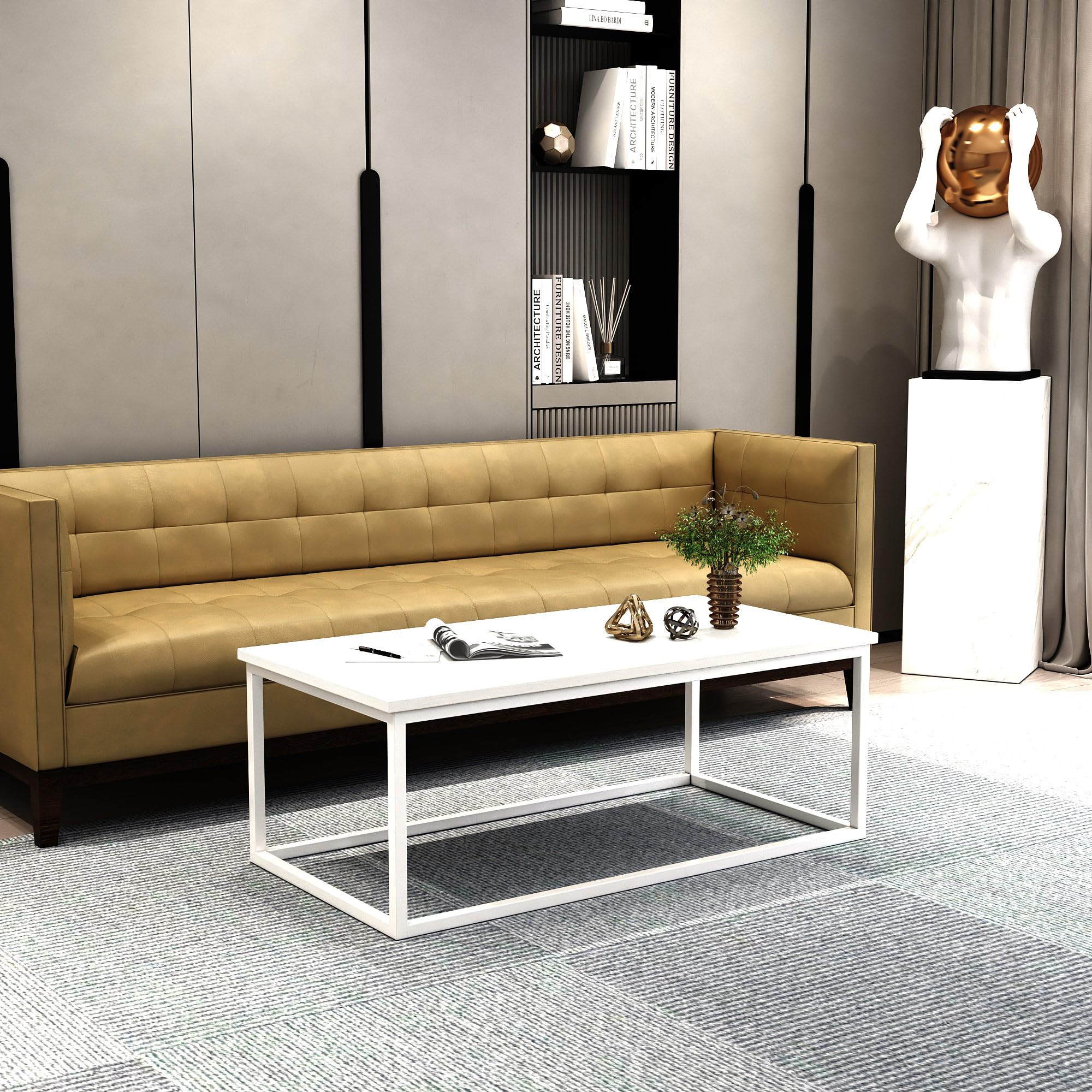 RIGID Rectangle Coffee Table with Metal Base | Modern Center Table for Living Room & Office | Wide Tabletop, Strong & Stable Frame, Elegant White Finish, Ready Assembled (60D x 120W x 45H CM)