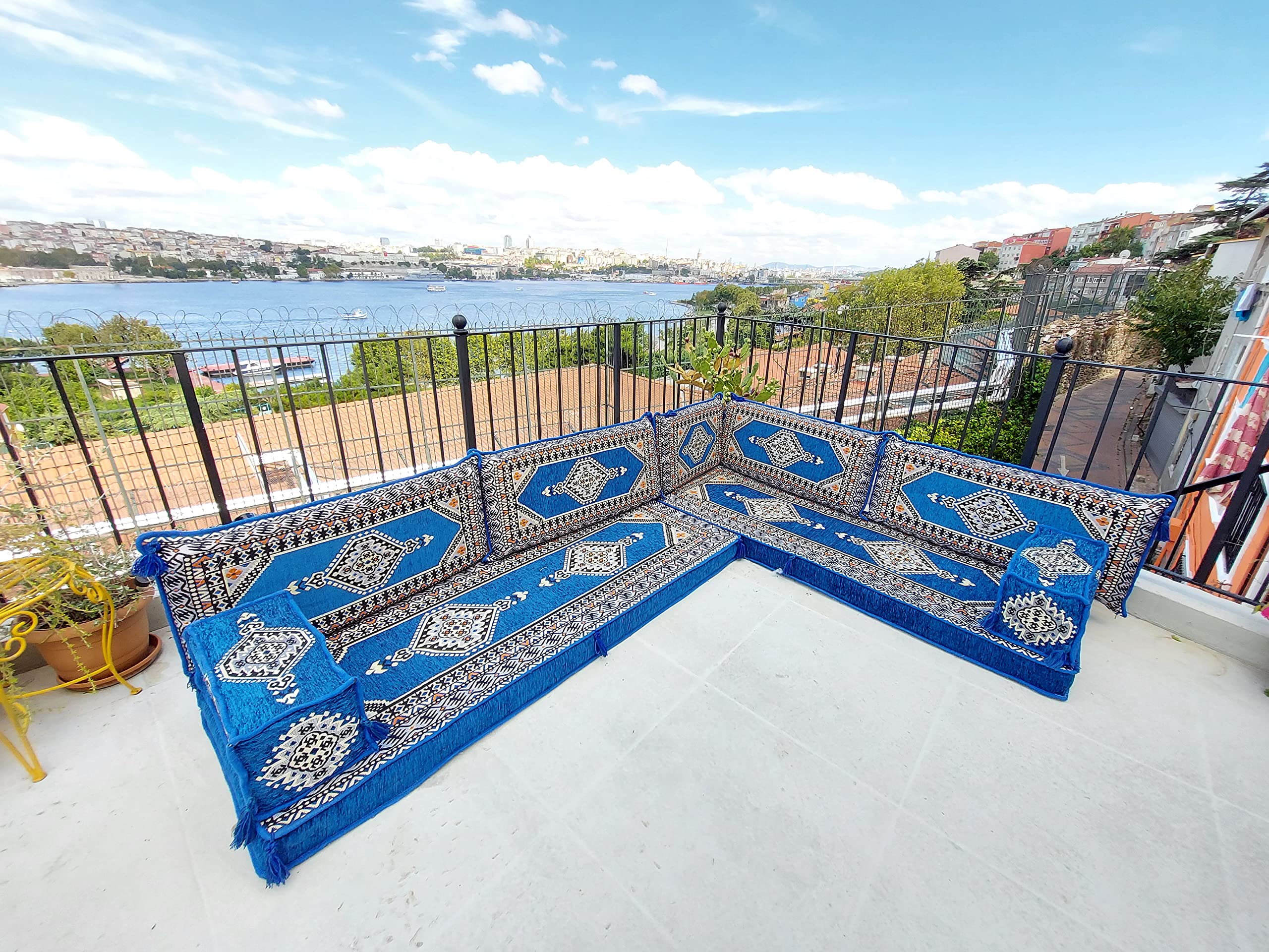 U Shaped Sectional Sofa, Terrace Royal Blue Arabic Sofa, Floor Cushions, Arabic Majlis, Poufs, Turkish Floor Seating Set, Sofa Covers, Sofa Bed (L Sofa Only)