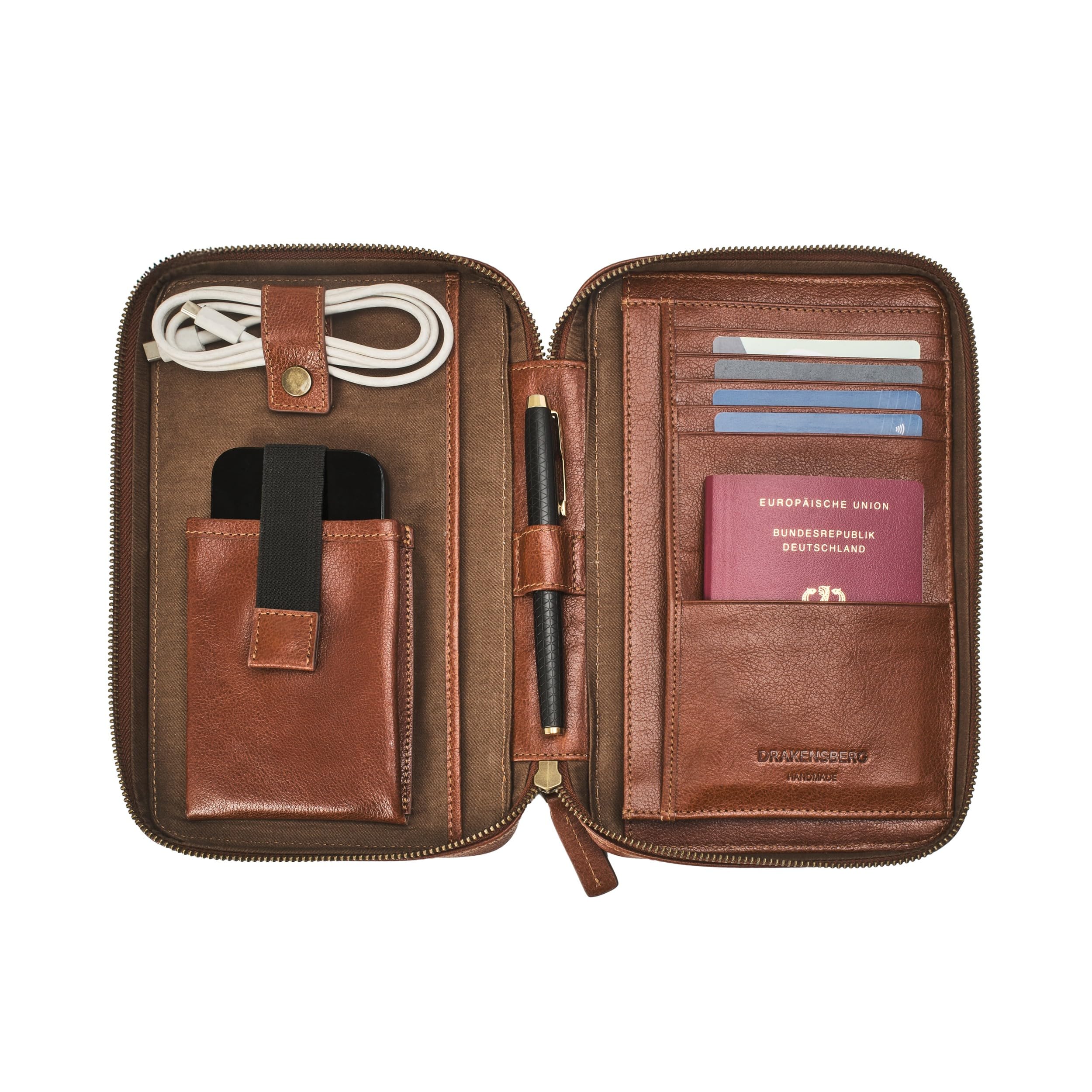DRAKENSBERG Kate DR00318 - Organizer da viaggio universale per Kindle e lettori di eBook fino a 7", realizzato a mano, in pelle di bufalo, retro vintage, marrone Avana