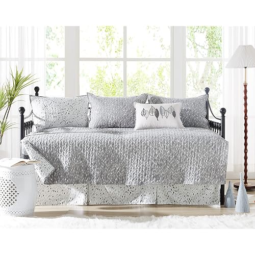 Southshore Fine Living, Inc. Twin Daybed Comforter Set, 6-Piece Bedding Set with Daybed Cover, 3 Pillow Shams, Bed Skirt, Throw Pillow - Twin Day Bed Quilt Set, Botanical Leaves Grey