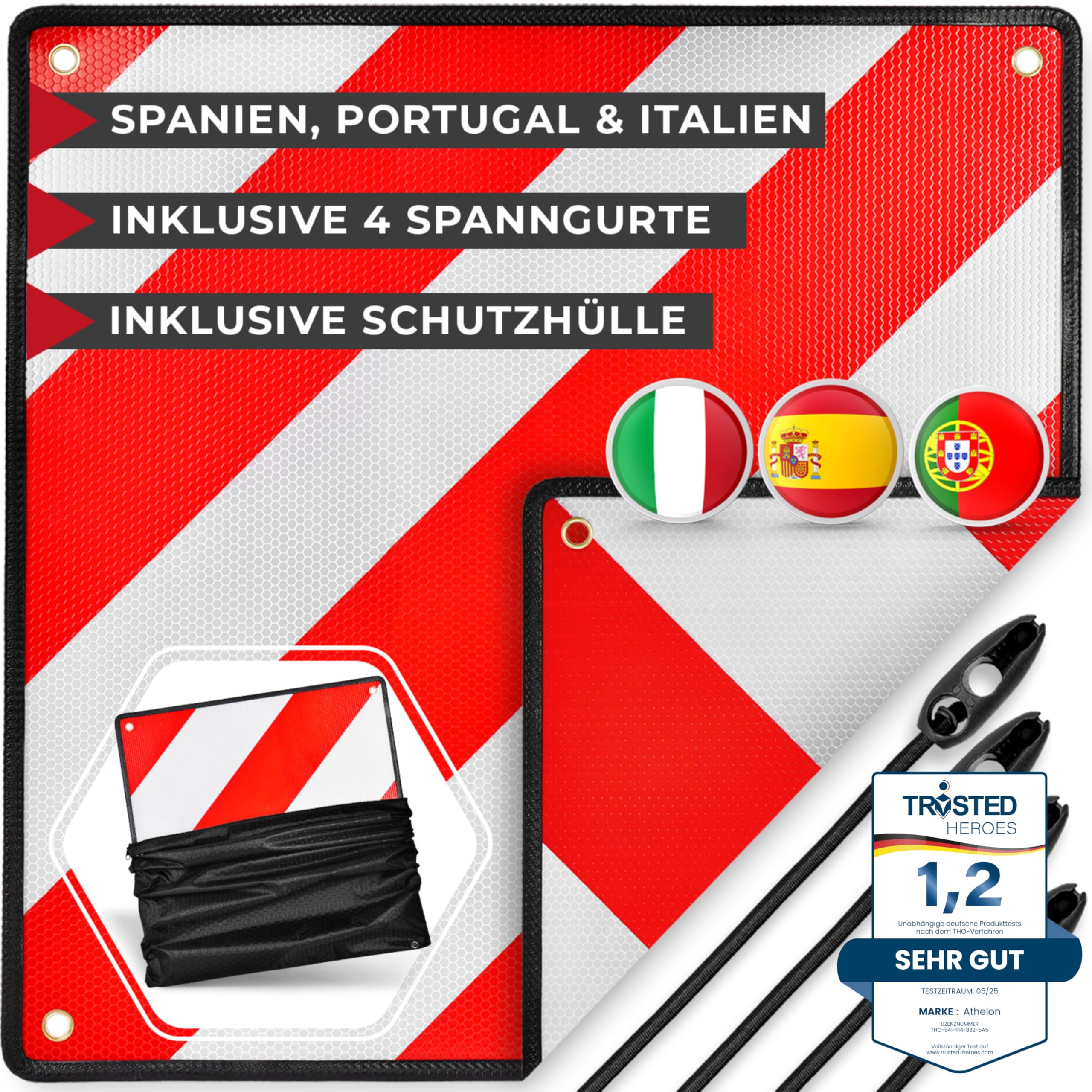 ATHELON® 3in1 Warntafel für Italien, Spanien & Portugal - Reflektierendes Warnschild inklusive 4X Spanngurte & Schutzhülle - Hochwertige Warntafel Italien für Fahrradträger