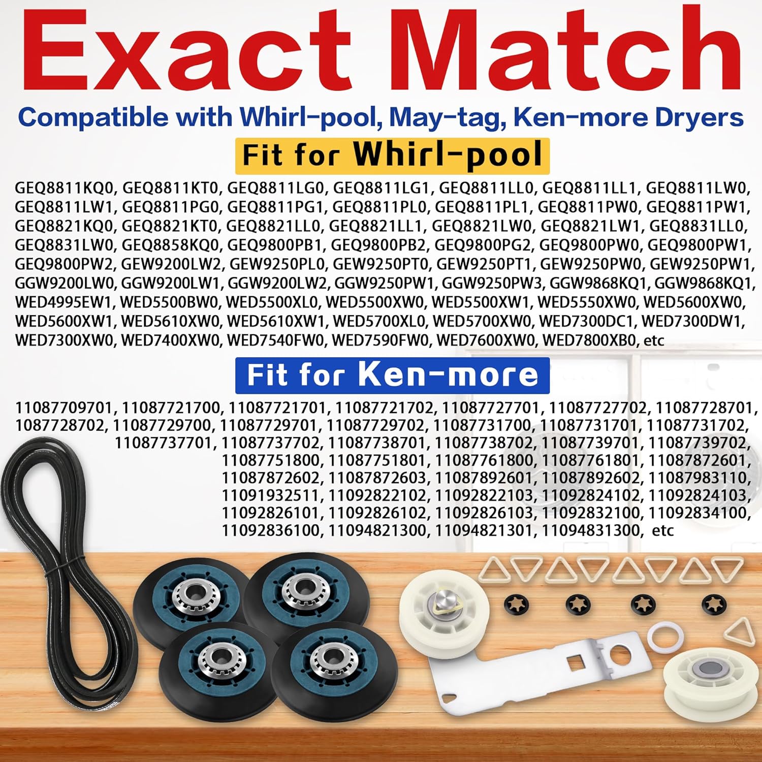 MEDB835DW4 MED5630HW0 Dryer Drum Roller Belt Idler Pulley Repair Kit Fit for May-tag MED6630HW0 MED7230HW0 MED7230HW2 MED9600SQ0 MED6200KW0 MED6200KW1 MED8200FW1 MED6230HW2 MED9800TK0 MEDB855DC4