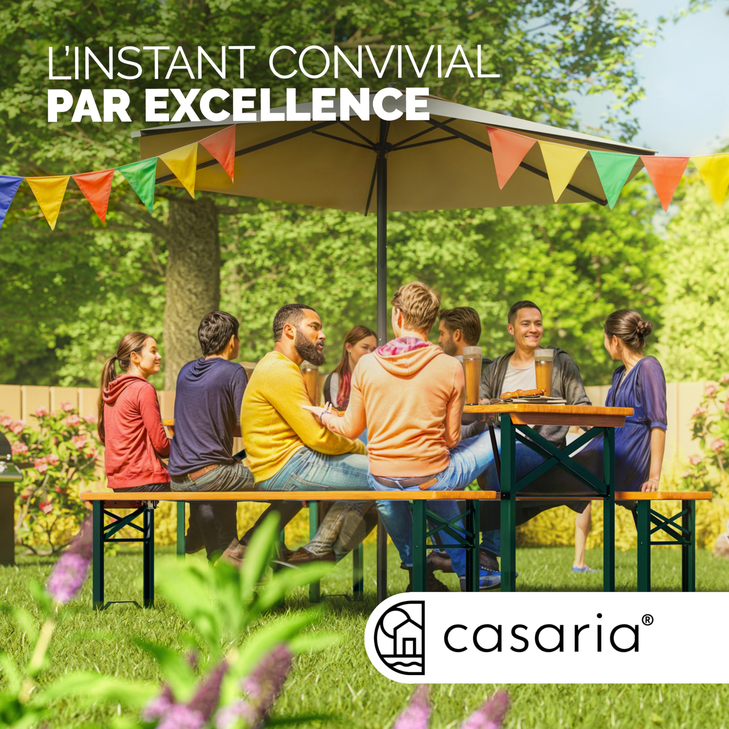 Casaria Ensemble Table et bancs en Bois de Brasserie 170x46x75cm Pliable Meubles de Jardin 3 pièces Support Parasol