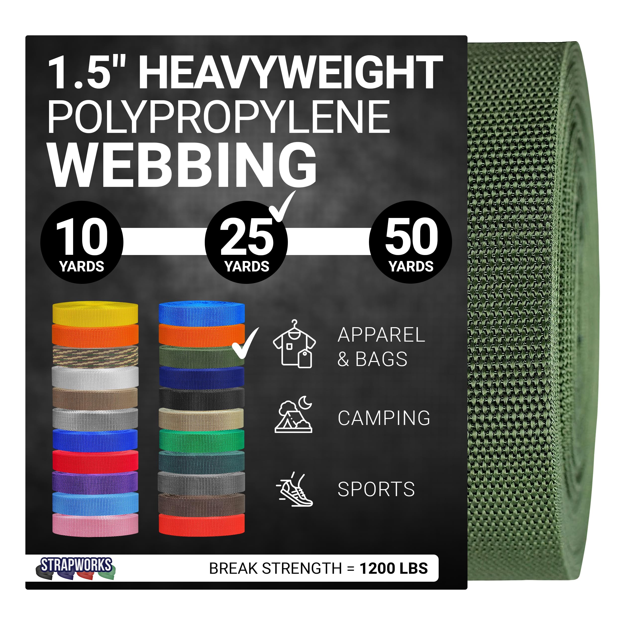 Strapworks Heavyweight Polypropylene Webbing - Heavy Duty Poly Strapping for Outdoor DIY Gear Repair, 1.5 Inches