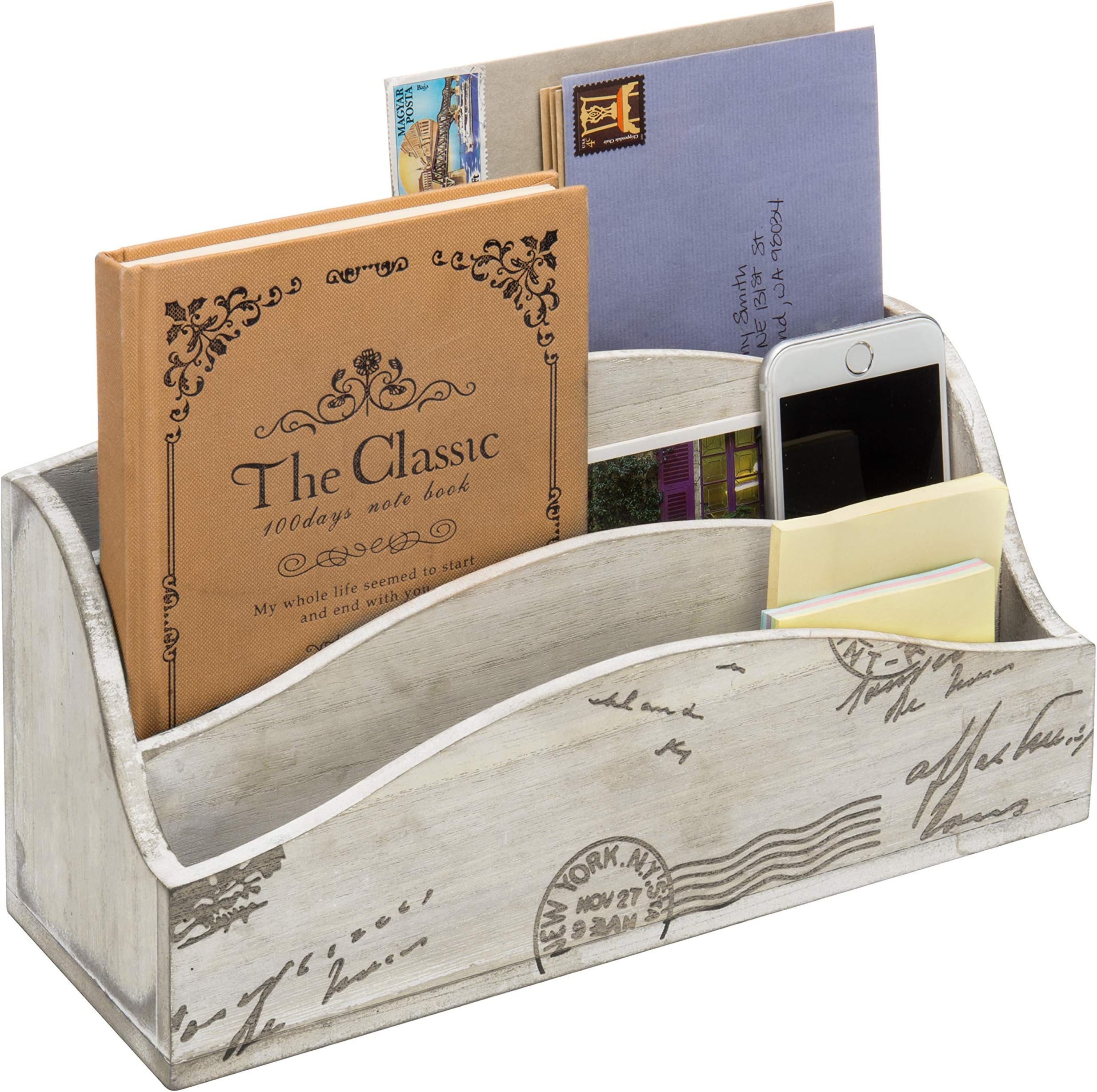 MyGift3 Slot Vintage Postcard Design Beige Wood Home Countertop Mail Letter Holder, Wooden Office Desk Organizer, File Sorter, Bill Divider, Envelope Storage Bin