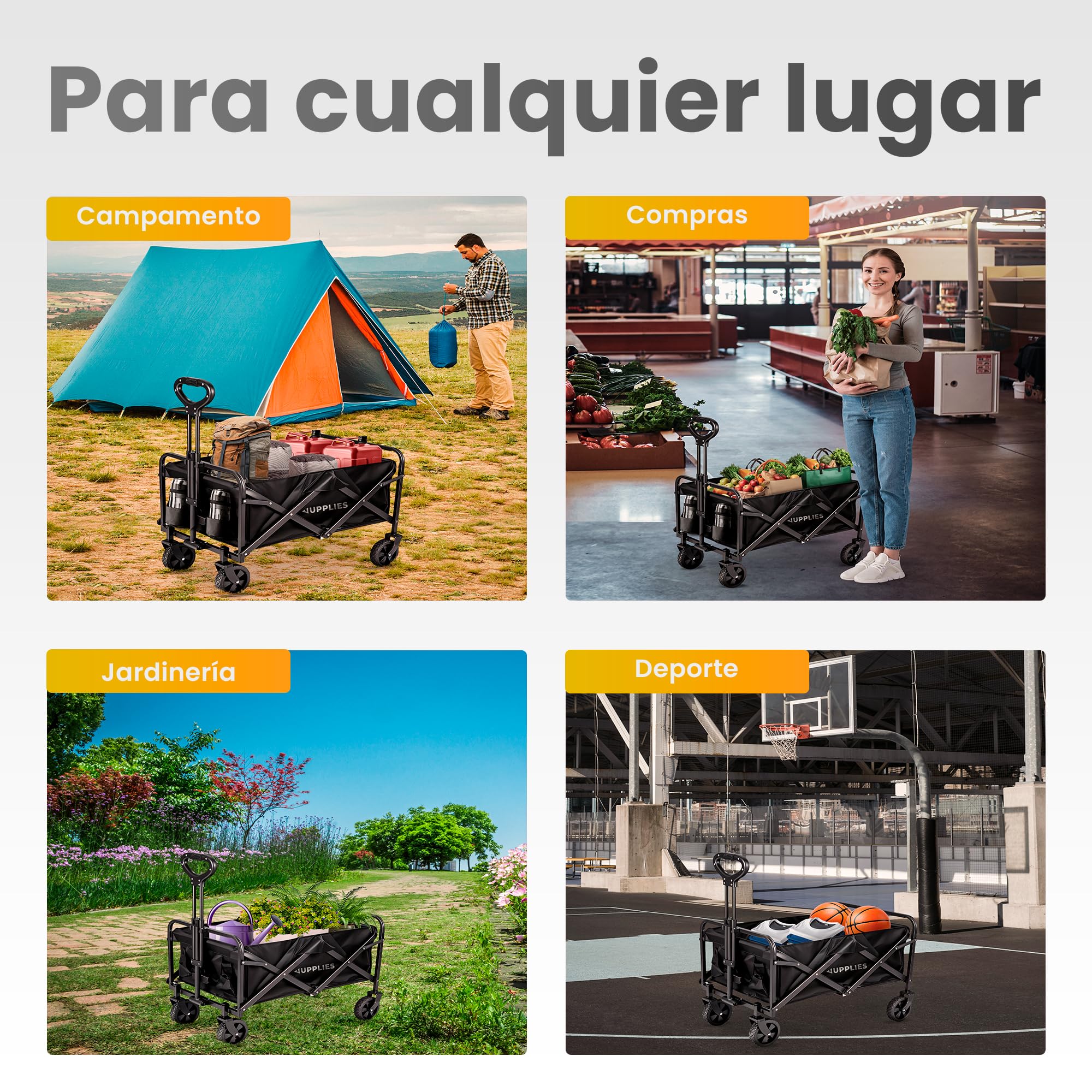 JUPPLIES Carro Plegable con Ruedas Grandes – Carro Playa, Jardín y Supermercado | Carrito Transporte Plegable Todoterreno, Asa Telescópica, Tela Resistente e Impermeable 75KG - S (72.5x42x47.5cm)