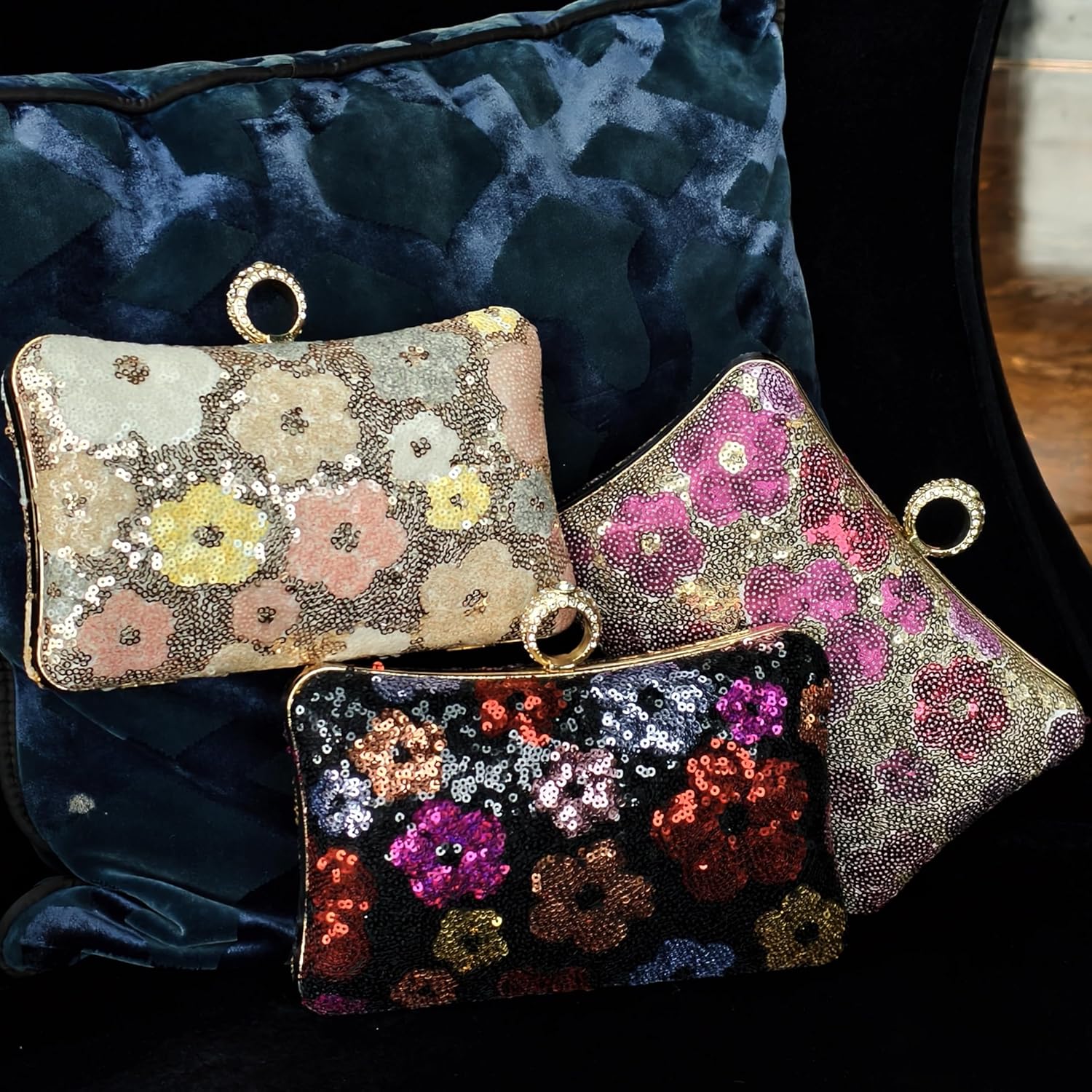 Sequin Clutch Bag for Women, Blue Floral Embroidered Evening Purse with Wooden Base, Top Handle & Removable Chain