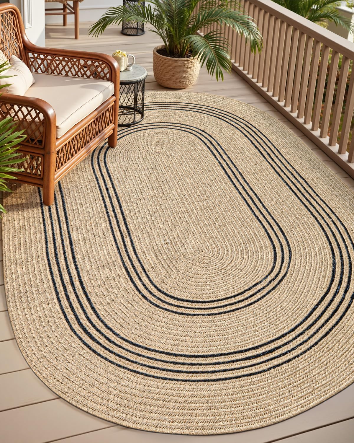 DEXI Oval Jute Rug Natural Fiber 5x8, Braided Woven Sisal Rugs No Shed, Neutral Area Carpet Mat for Outdoor Patio Dining Living Room Farmhouse, Beige/Black 5' x 8' (Oval) Beige/Black