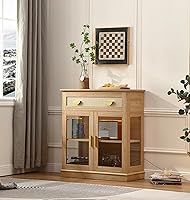 ForestGravity 31.5'' Natural Small Buffet Cabinet with Glass Doors, Adjustable Shelf & Drawer - Modern Coffee Bar Sideboard for Kitchen Storage